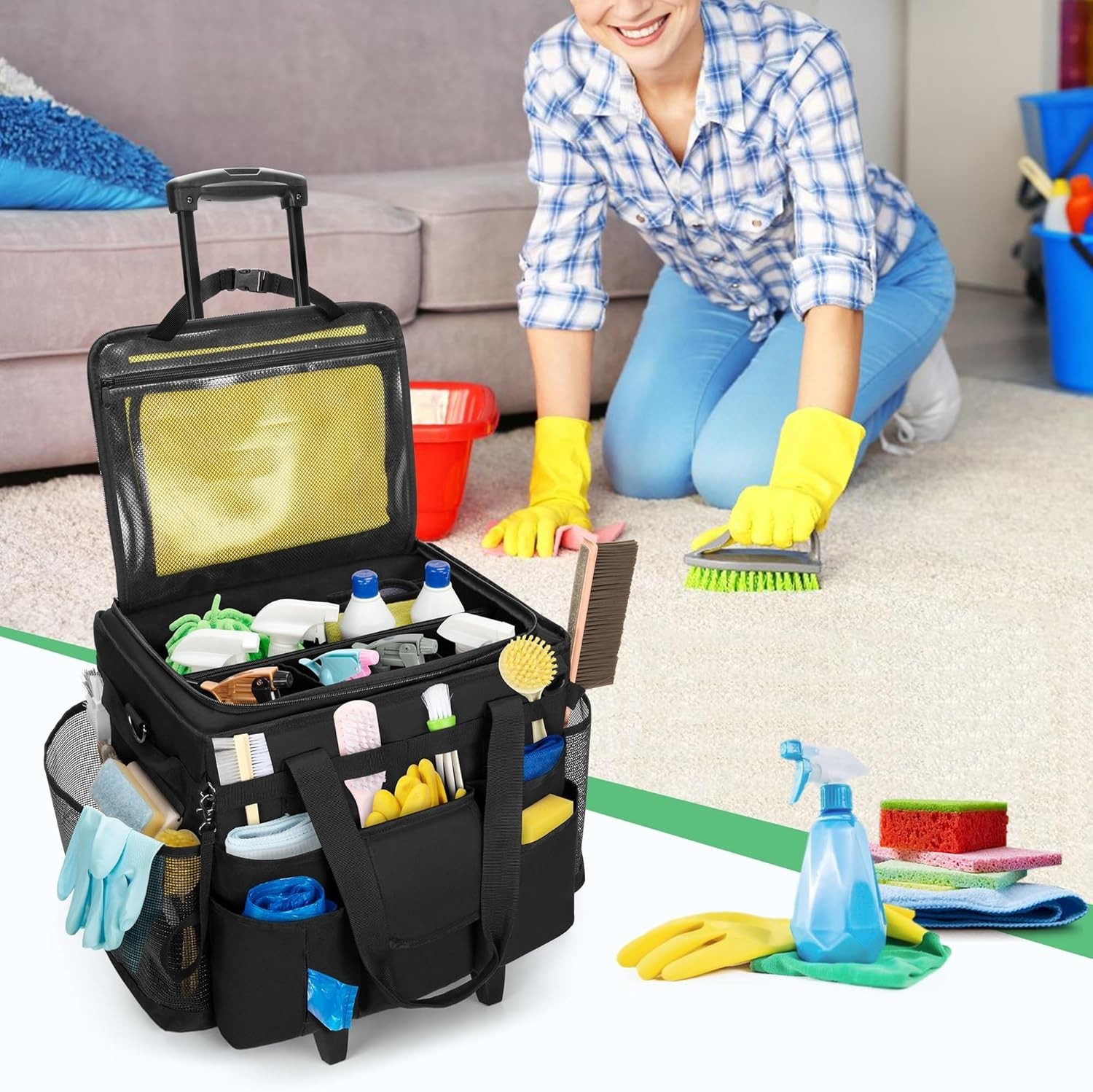 Portable Cleaning Supplies Organizer: Black Rolling Caddy with Adjustable Height