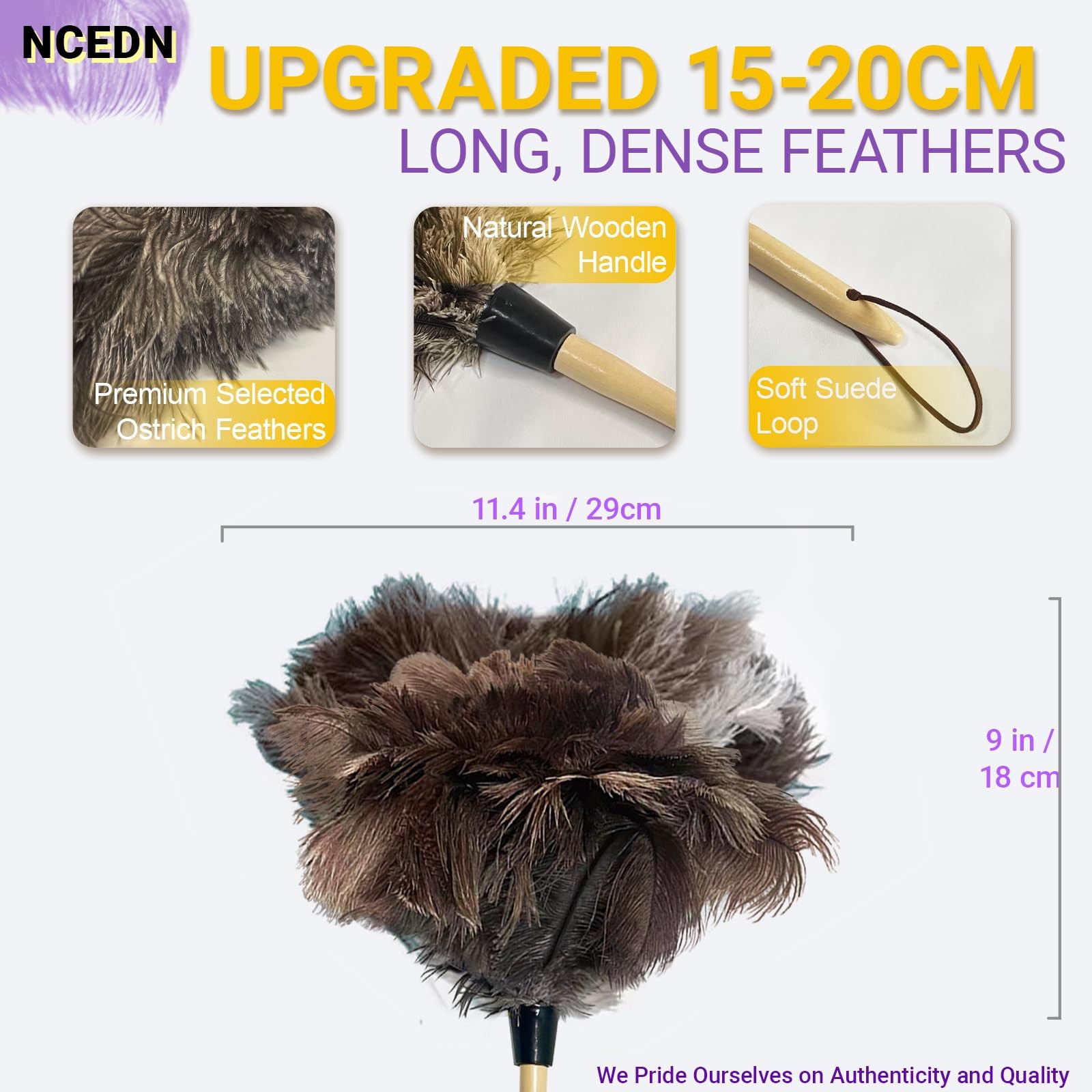 NCEDN Genuine Ostrich Feather Duster 15 inches – Soft Dense Real Feathers, Wo…