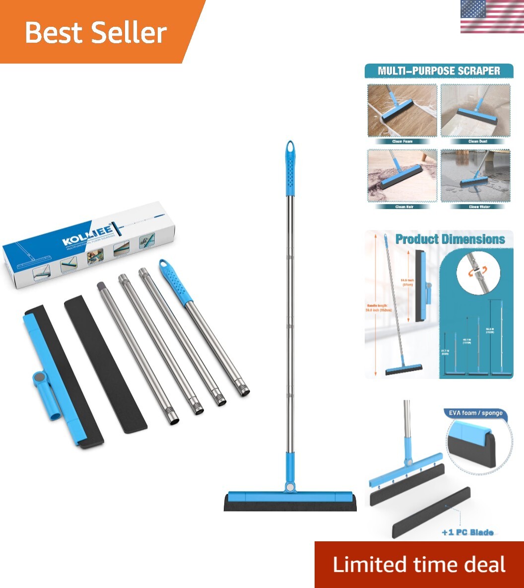 Long Handle Squeegee – 59″ Adjustable Foam Blade for Fast and Effective Cleaning