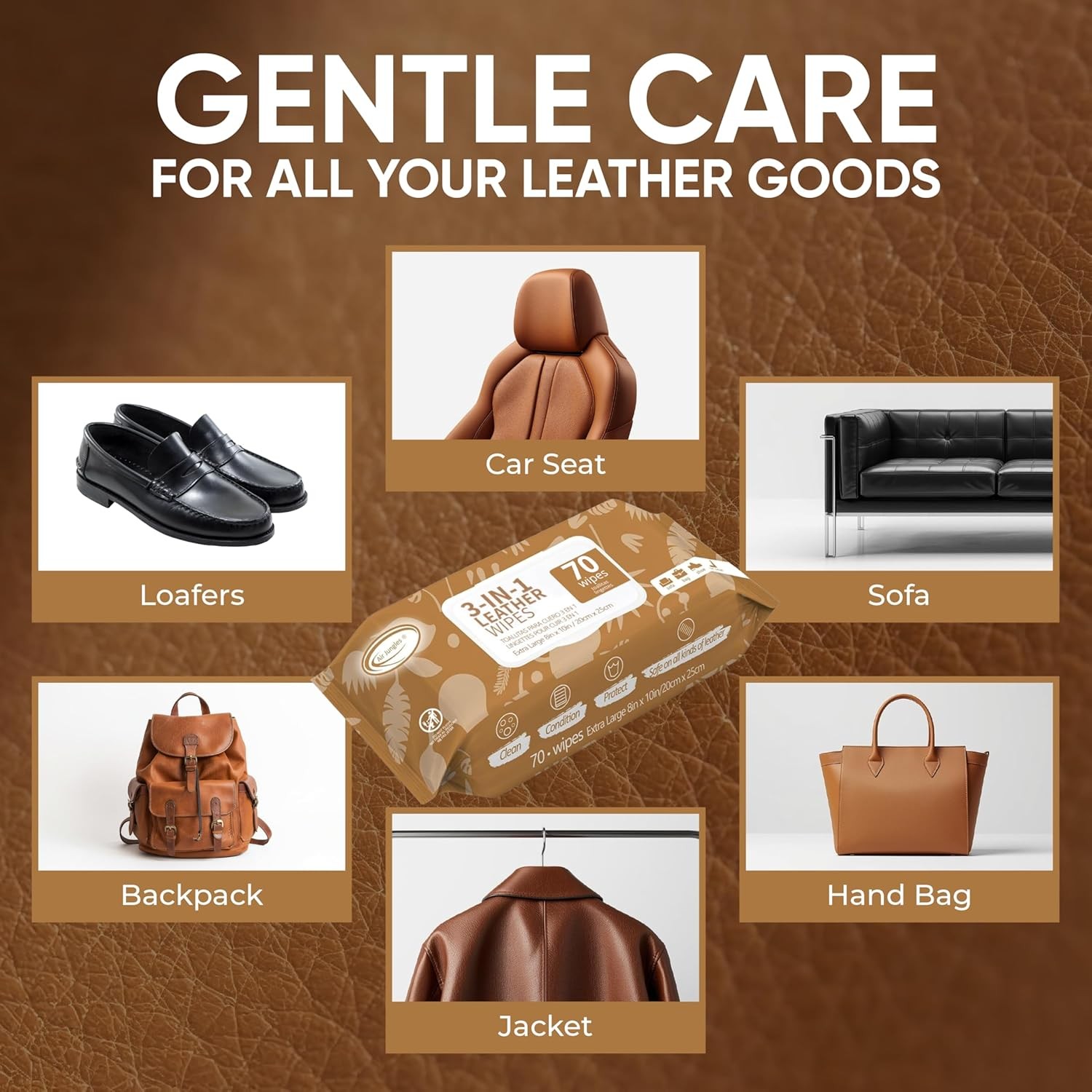 Air Jungles 3in1 Leather Cleaner Wipes 70 Count Extra Large Size