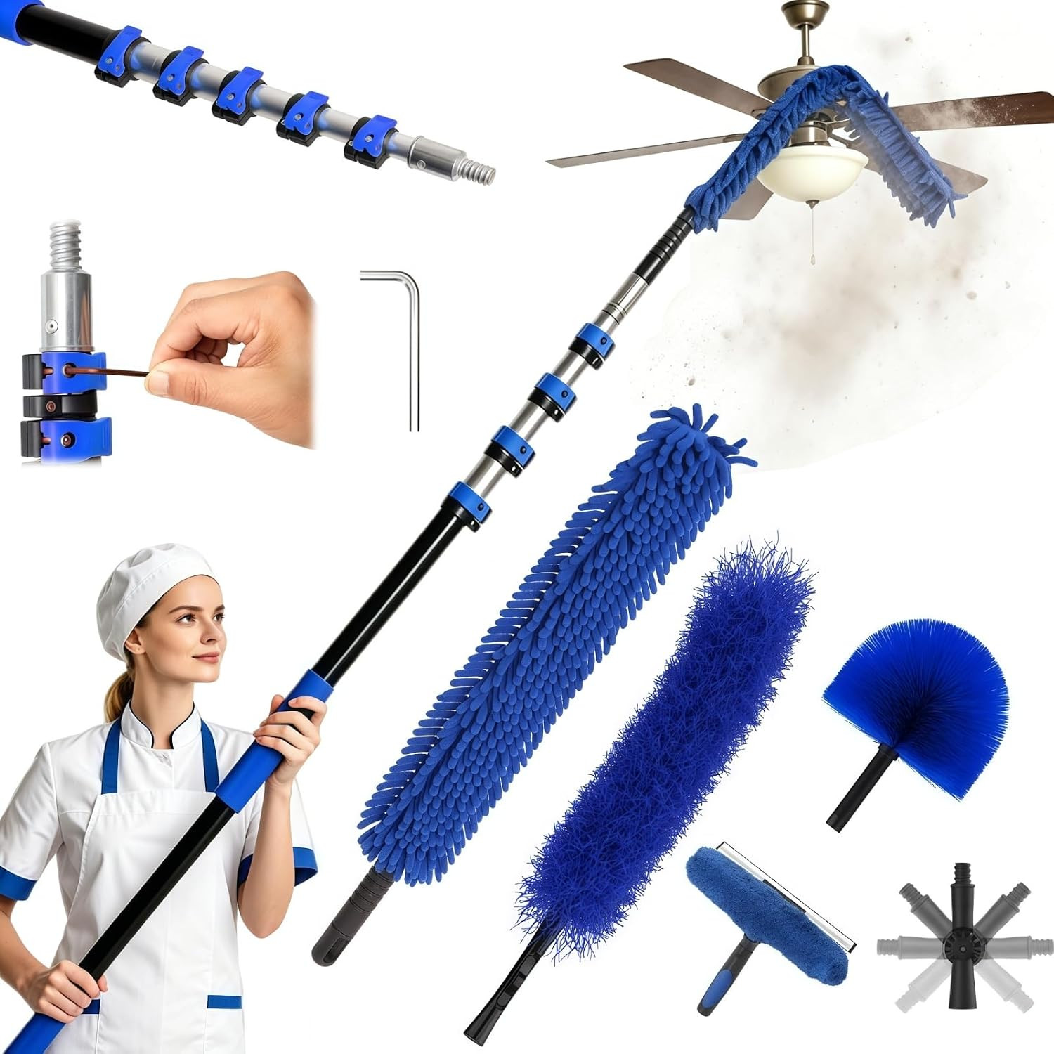 30FT Reach High Ceiling Duster Kits, Window Cleaning Kit with 5-24FT Telescoping