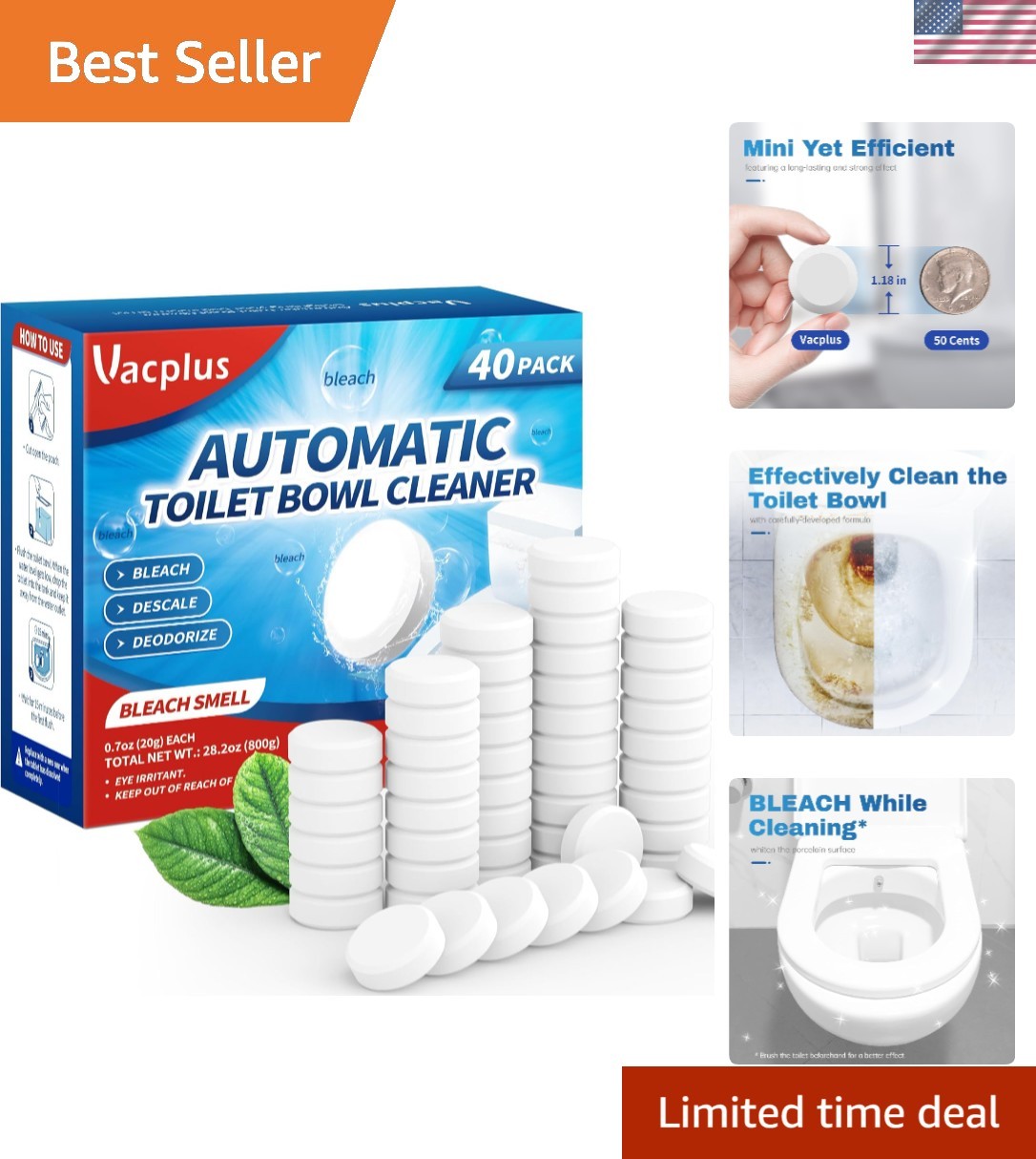 Bleach-Infused Toilet Bowl Cleaner Tablets – 40 Pack for Stains & Odor Control
