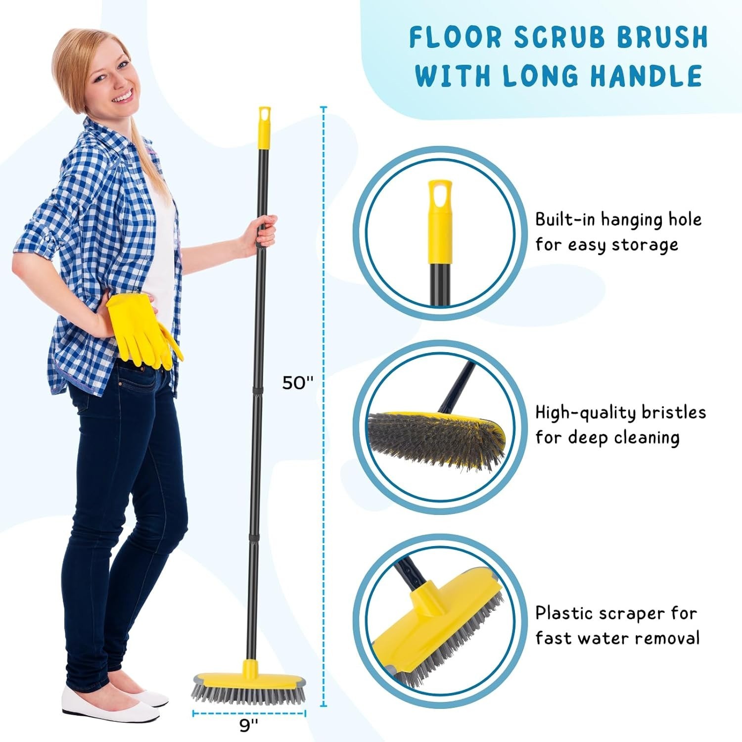 Deck Brush with Long Handle, Floor Scrub Broom for Shower