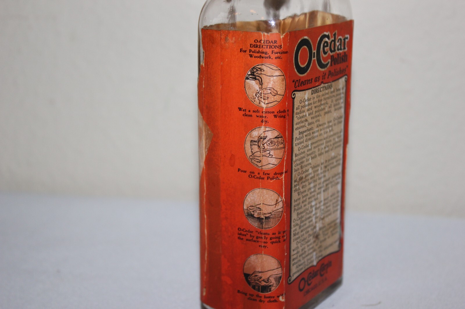 Antique O-CEDAR Polish Glass Bottle Paper Lable Wood Stopper Cap Advertising