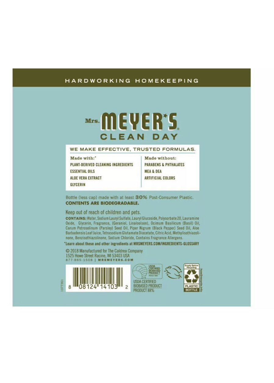 Mrs. Meyers Clean Day Dish Soap Basil 16oz Bottles Fresh Summer Scent New
