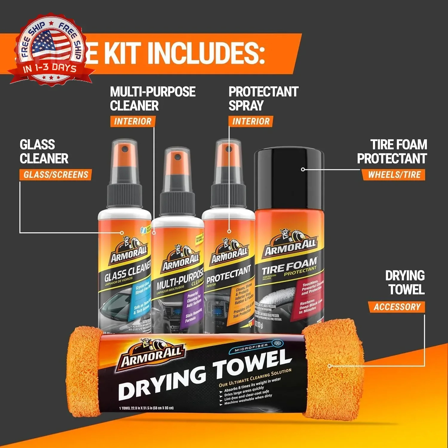 Car Wash and Interior Cleaner Kit by Armor All, Includes Towel, Tire Foam, Glass
