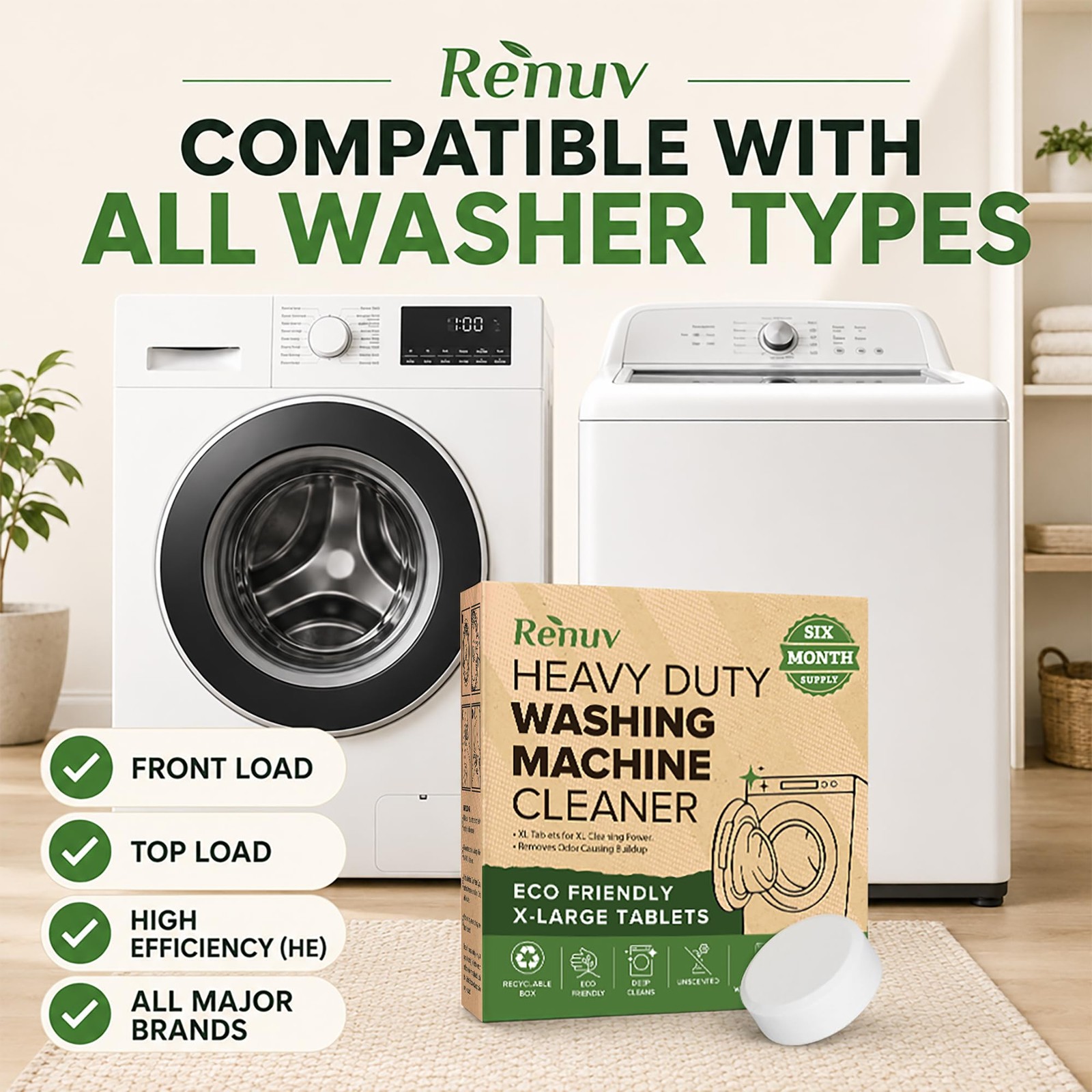 Renuv® Heavy Duty Washing Machine Cleaner & Descaler & Deodorizer Tablets