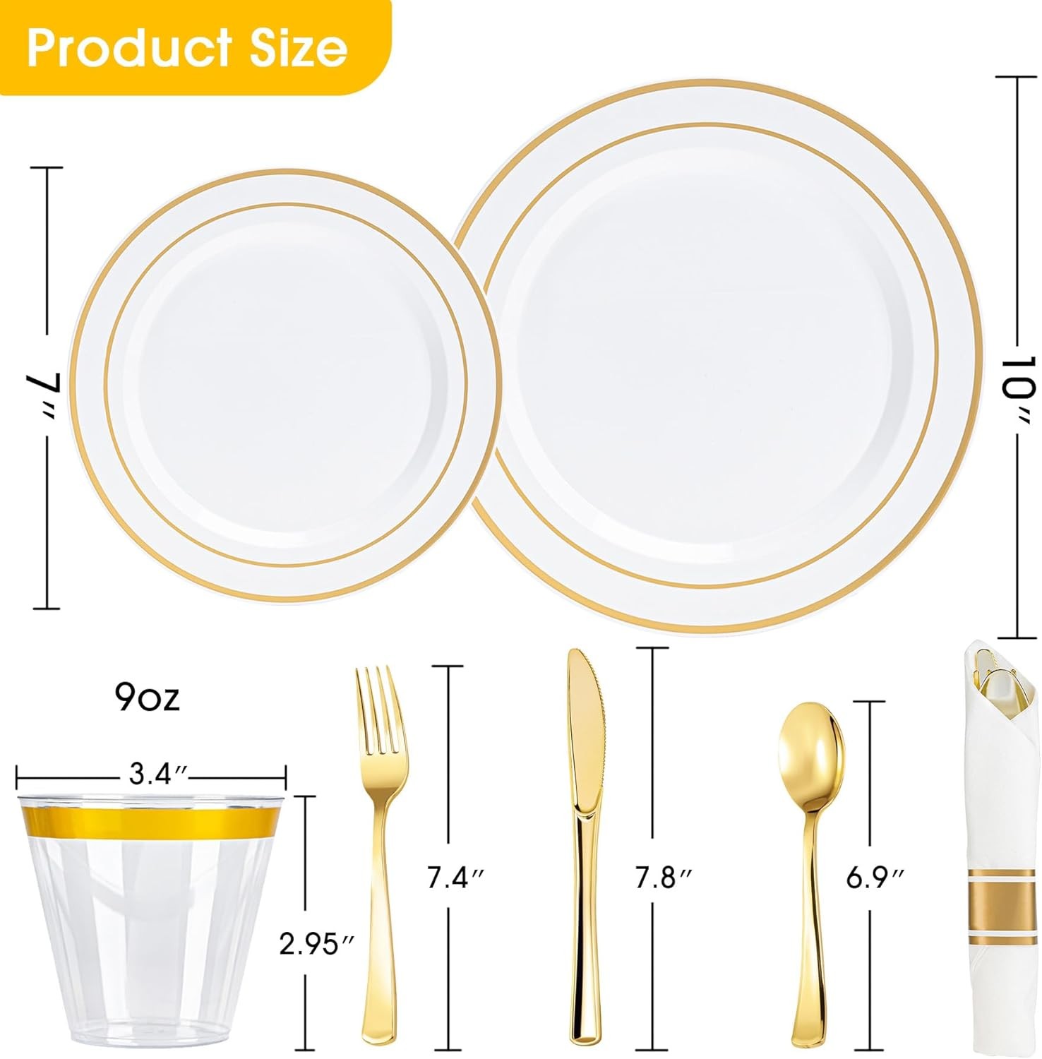 350 PCS White and Gold Plastic Dinnerware Set for 50 Guests, Disposable Party