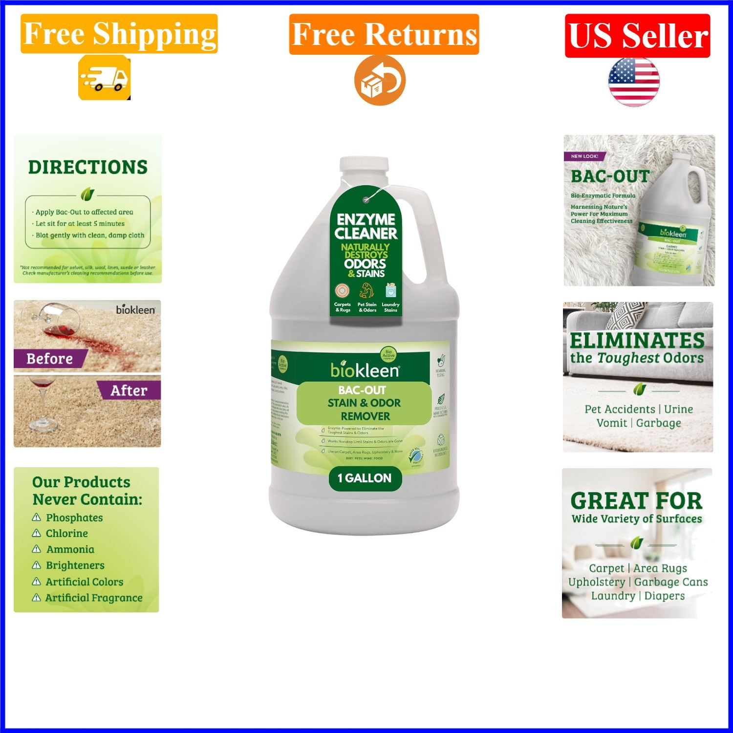 Bac-Out Enzyme Odor & Stain Remover, 128oz, Eco-Friendly, Carpet & Fabric