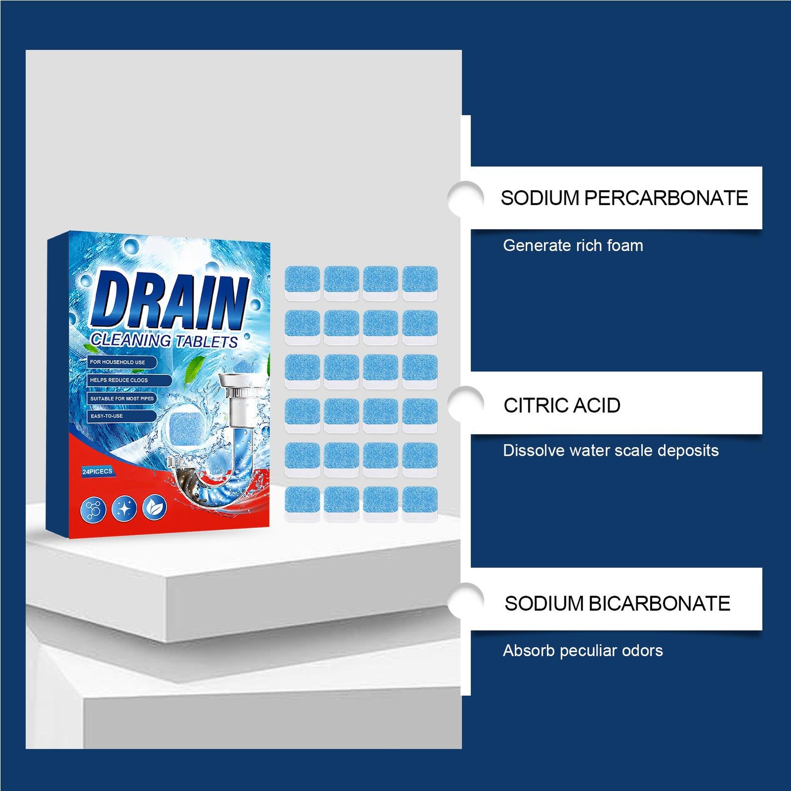 Drain Cleaner Tablets 24 Pieces Powerful Safe Prevents Clogs Household Sinks