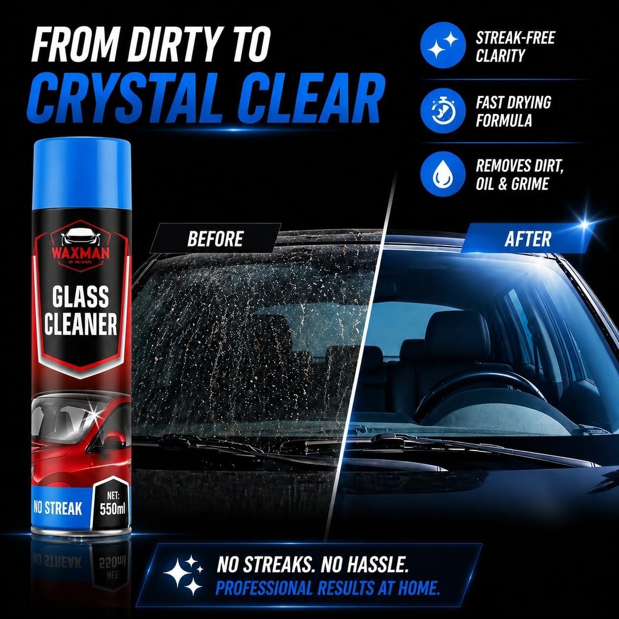 New Car Glass Cleaner Foam 18.6 Oz Streak Free Window Windshield Cleaning Spray