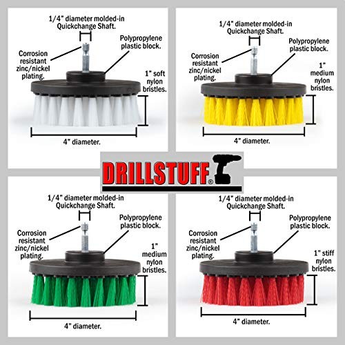 4in Drill Brush Attachment Set 4 Piece Soft Medium Stiff Nylon Scrub Brushes