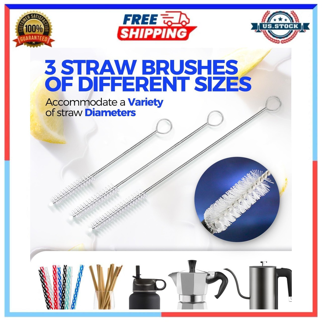 14 Inch Stainless Steel Bottle Brush Set with 3 Straw Cleaners