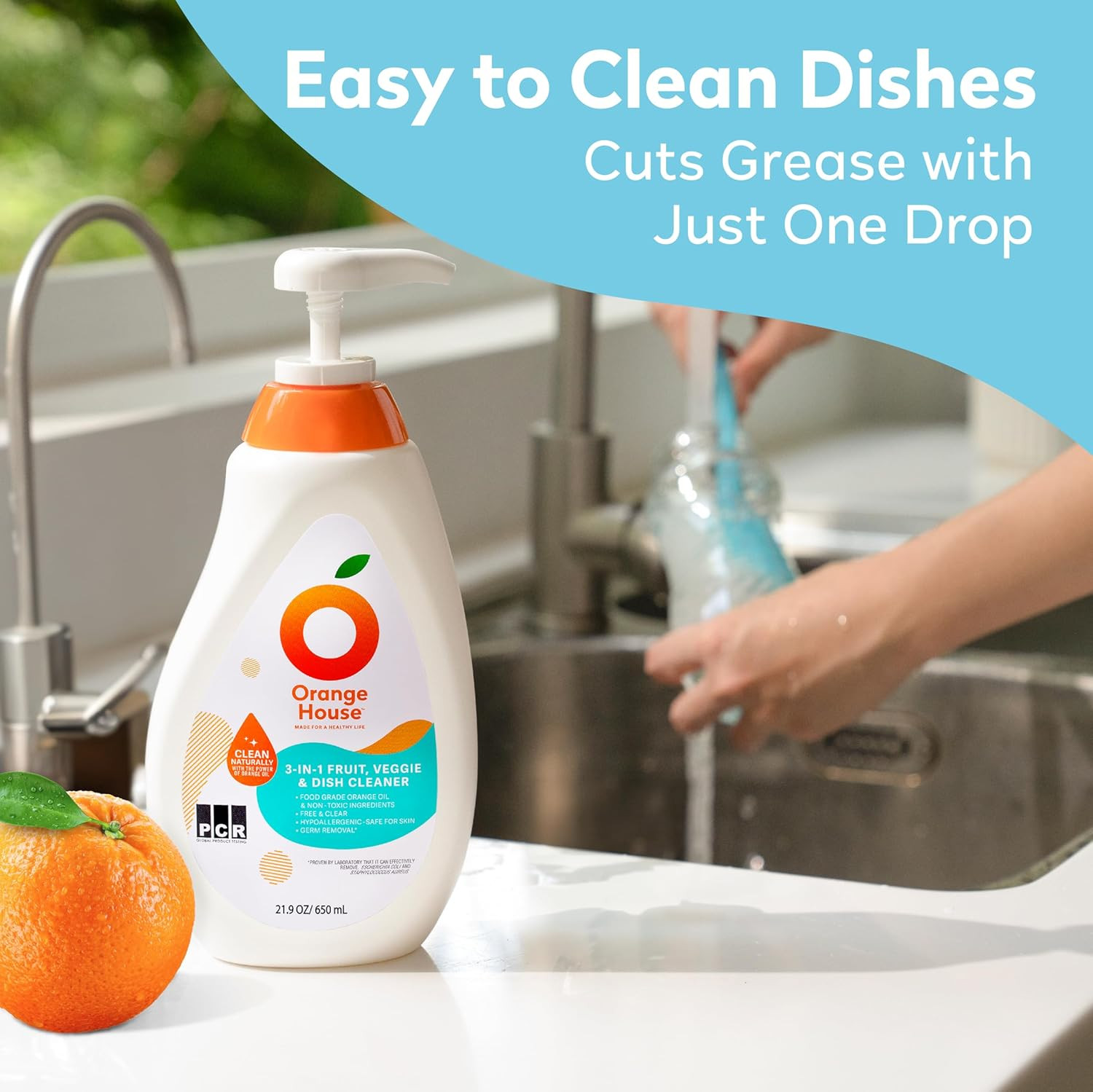 3 in 1 Plant Based Dish Soap, Non Harmful Ingredients Veggie Wash, Orange Oil Fr