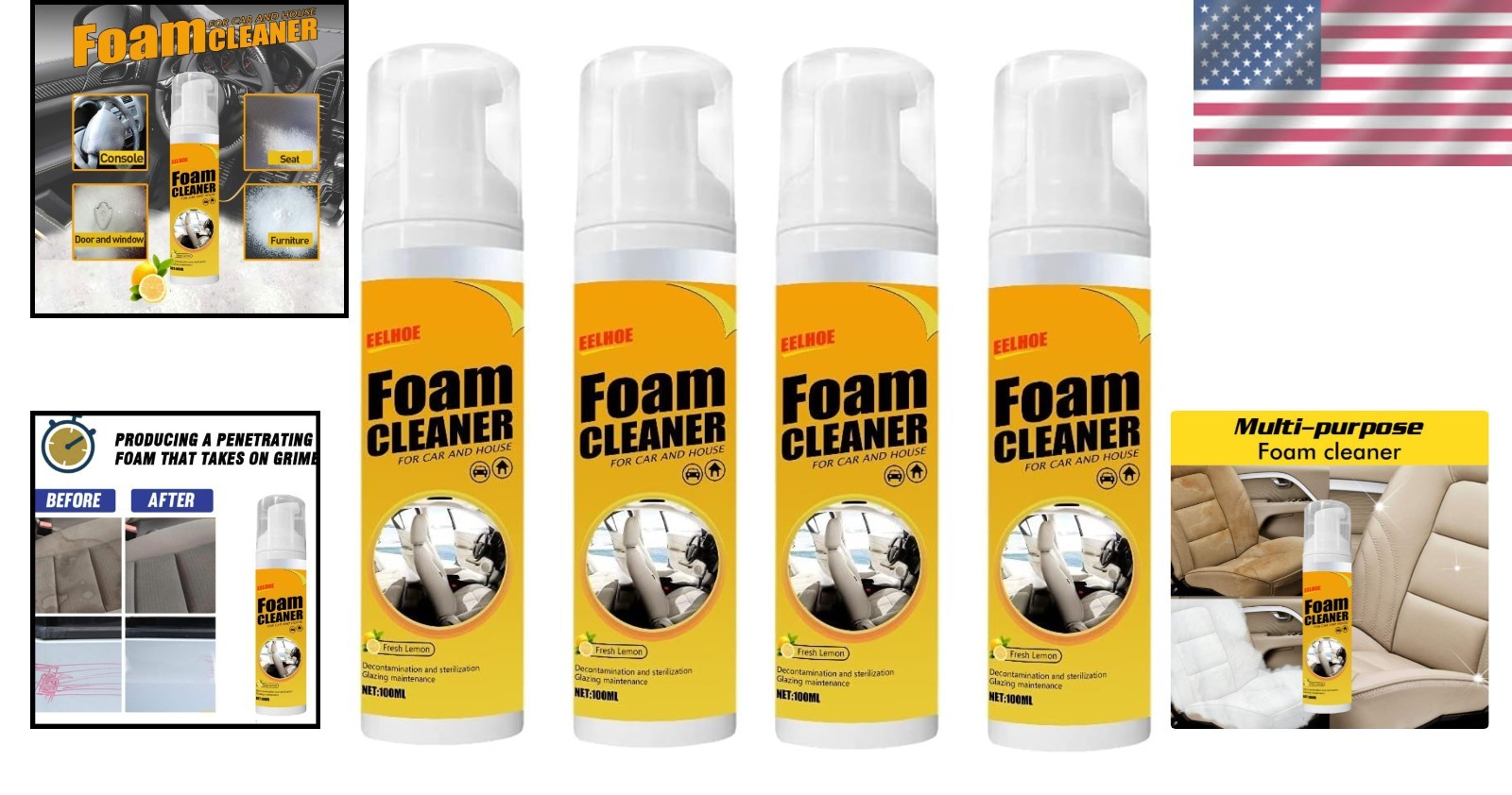 Multipurpose Lemon Foaming Cleaner Spray – 4 Pack, 100ml Each for Stain Removal