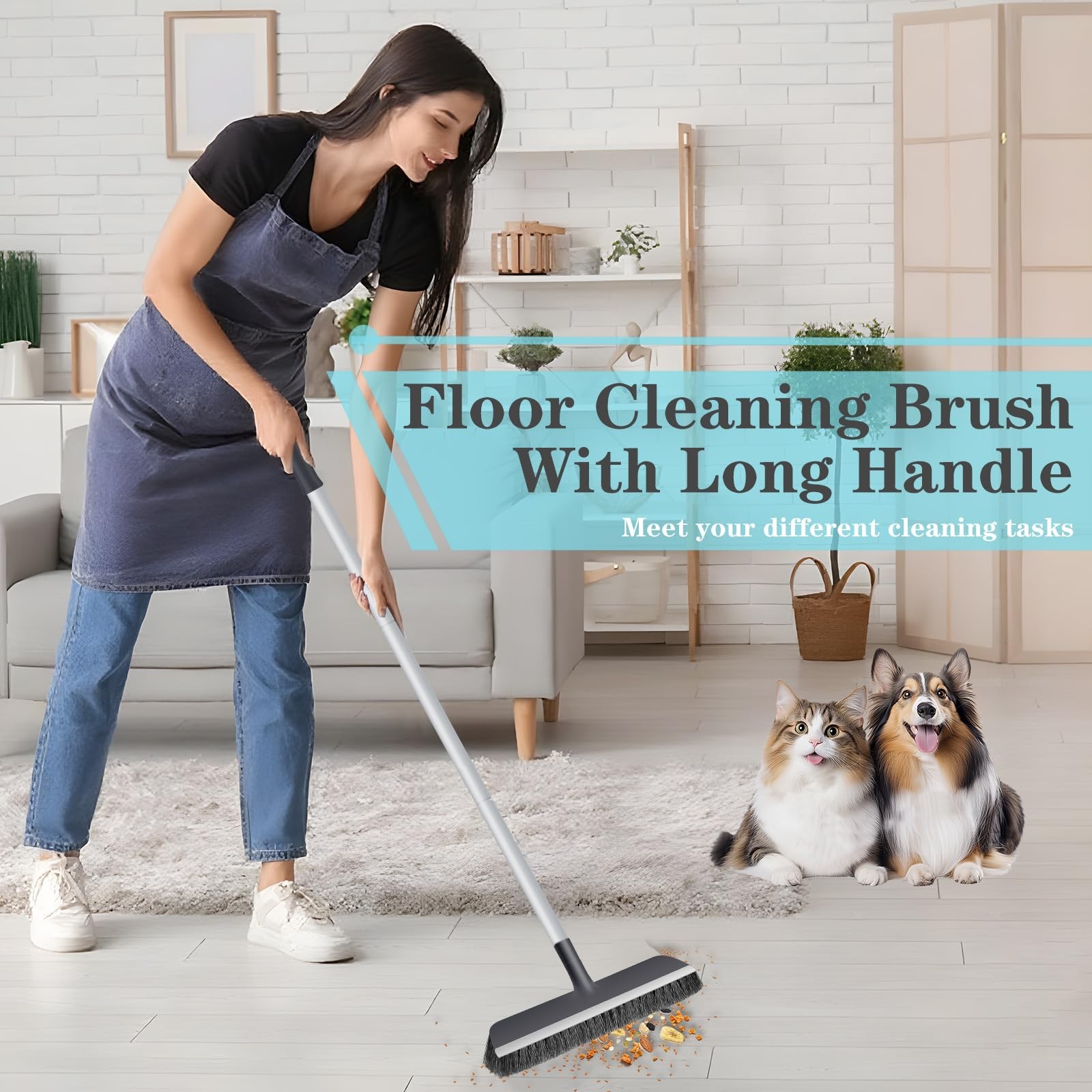Long Handle Floor Scrub Brush Stiff Bristles Heavy Duty 2 in 1 Squeegee Bathroom