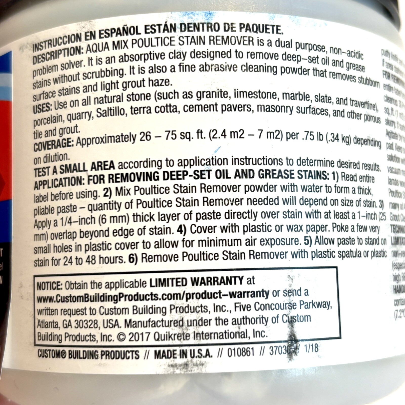 Aqua Mix Poultice Stain Remover – 0.75 lb. Abrasive Cleaning Powder For Stone