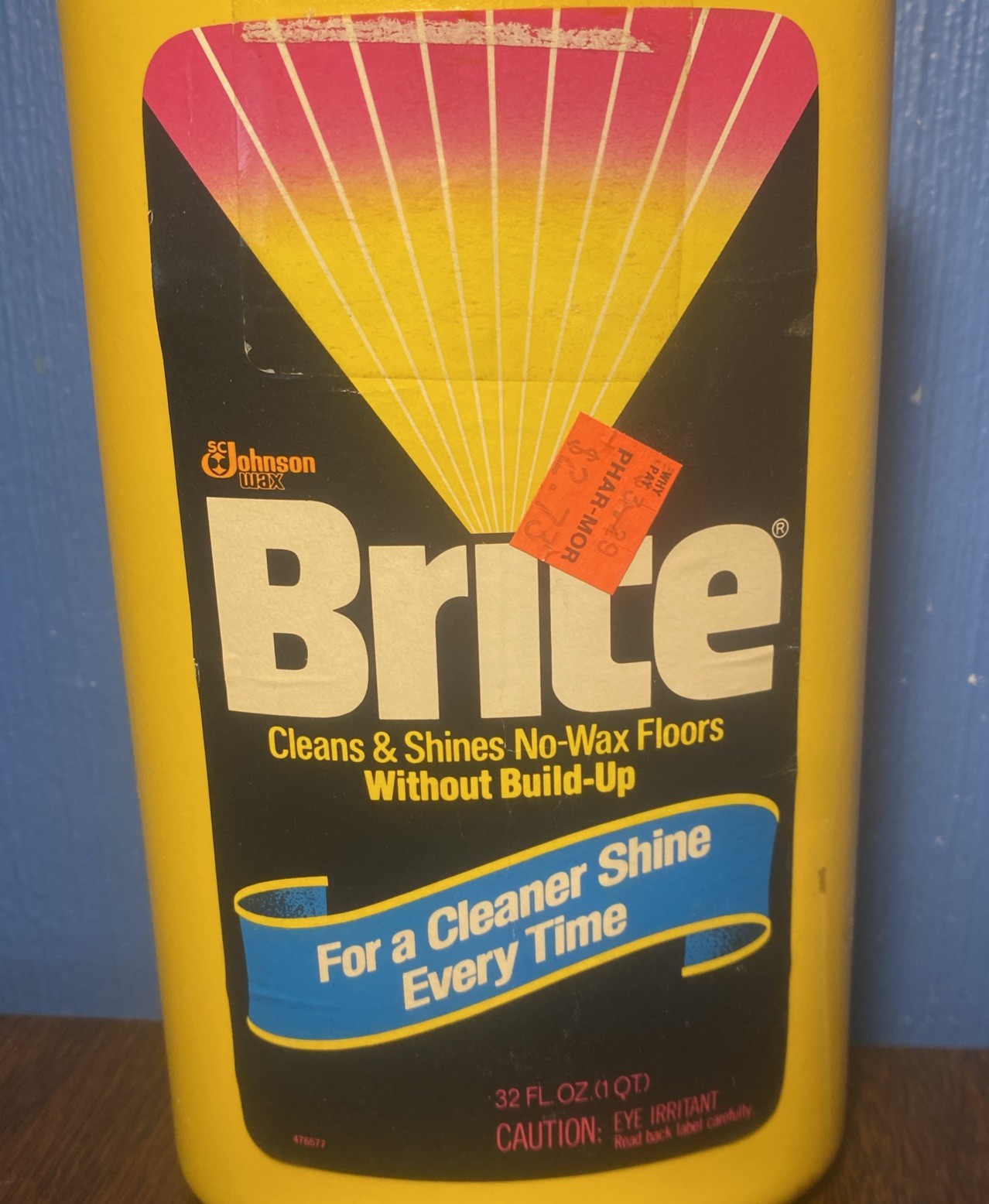 VINTAGE Johnson BRITE For No Wax Floors 32 fl oz Bottle – 1982 Cleaner, 60% Full