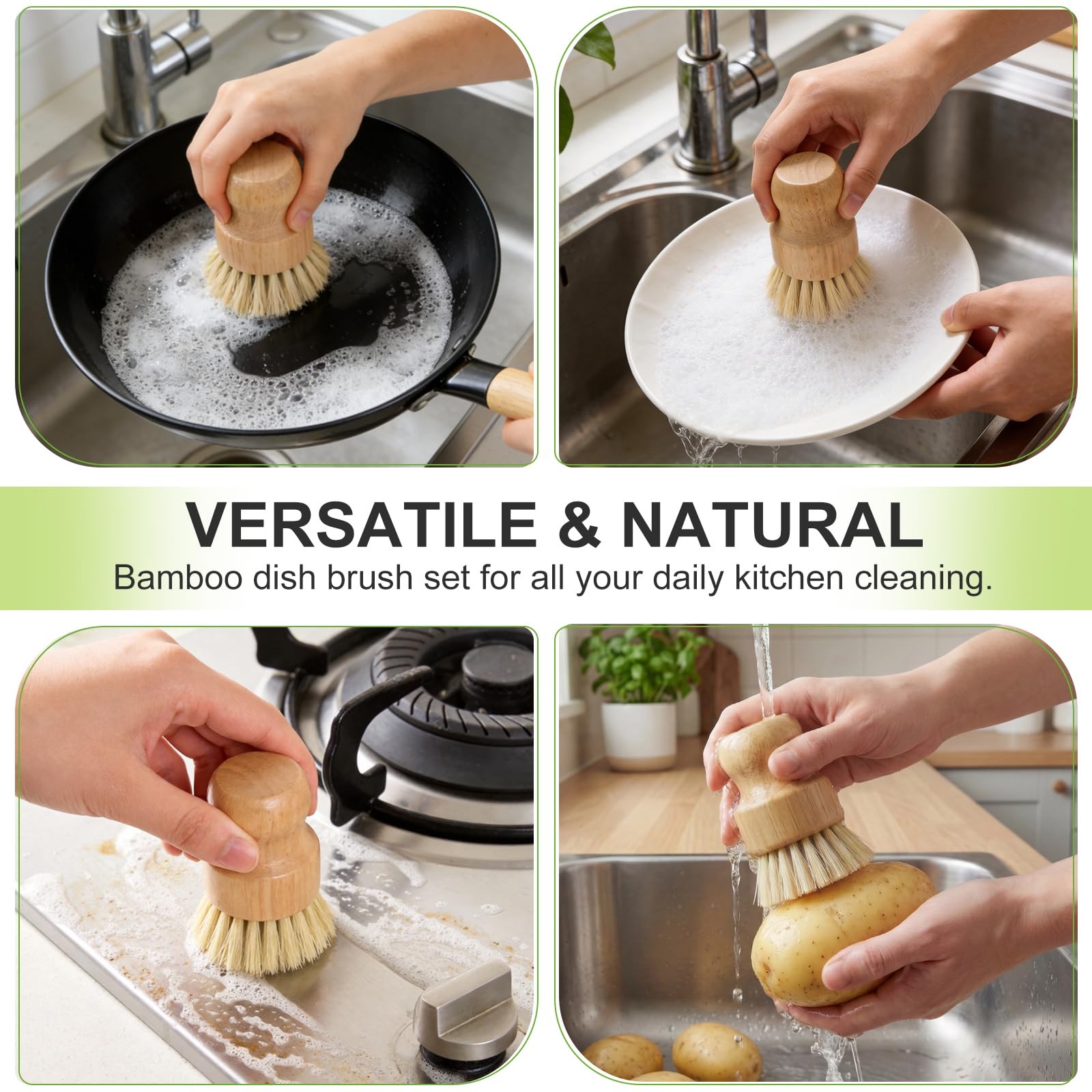 4 Pack Bamboo Dish Brush Set, Natural Kitchen Scrub Brush with Sisal Bristles…