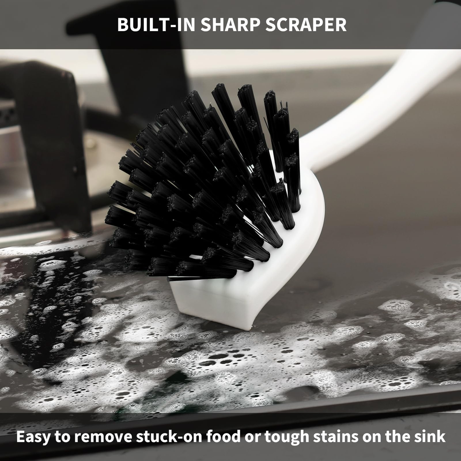 Dish Brush with Handle, 2 Pack Scrub Brushes with Built-in Scraper for Cleani…