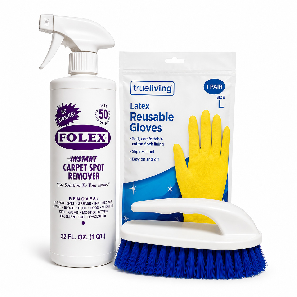 Folex Carpet Cleaner Kit Upholstery Stain Remover Scrub Brush Gloves Bundle