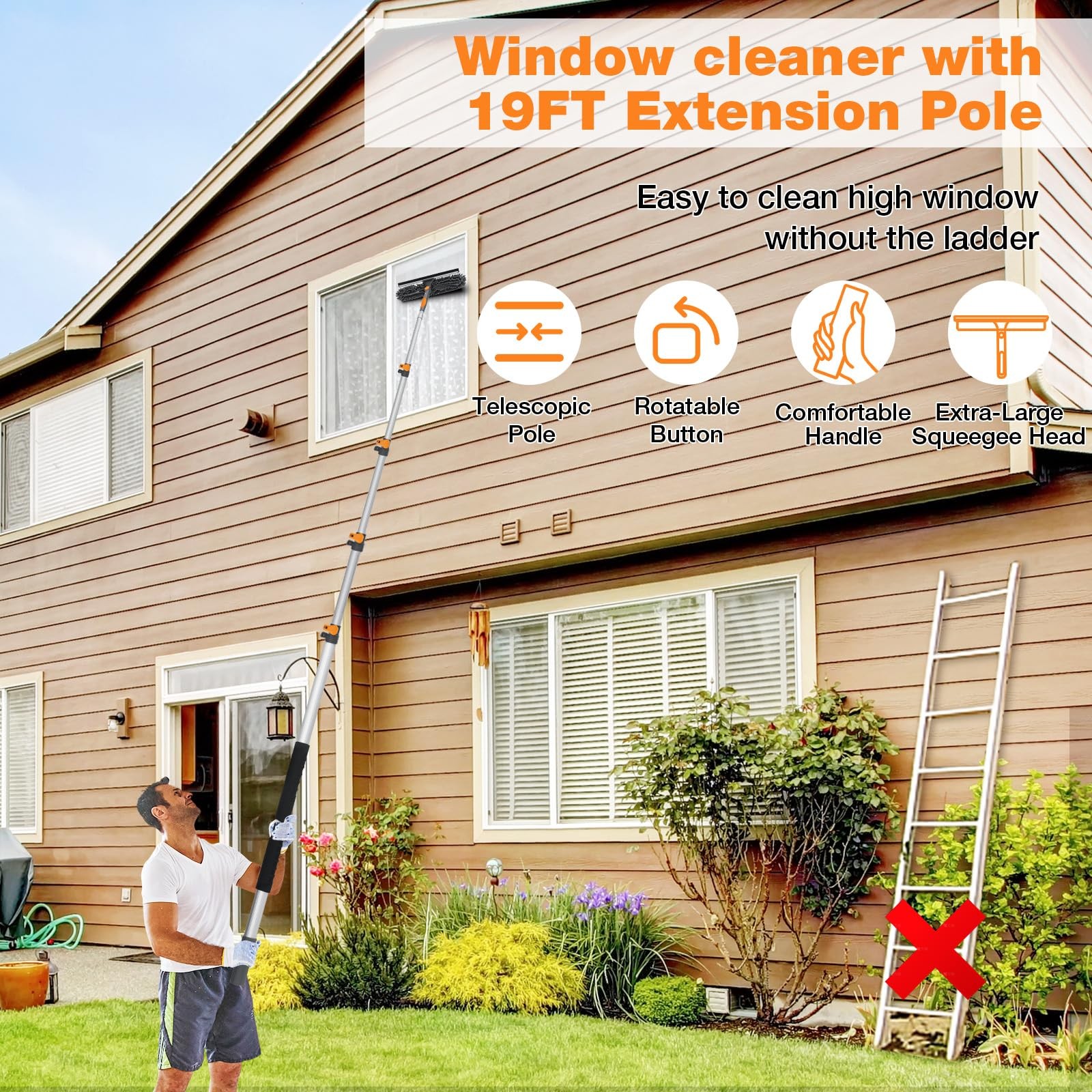 26Ft Window Squeegee with 5-19 FT Extension Poles, 2-in-1 Window Cleaning Kit…