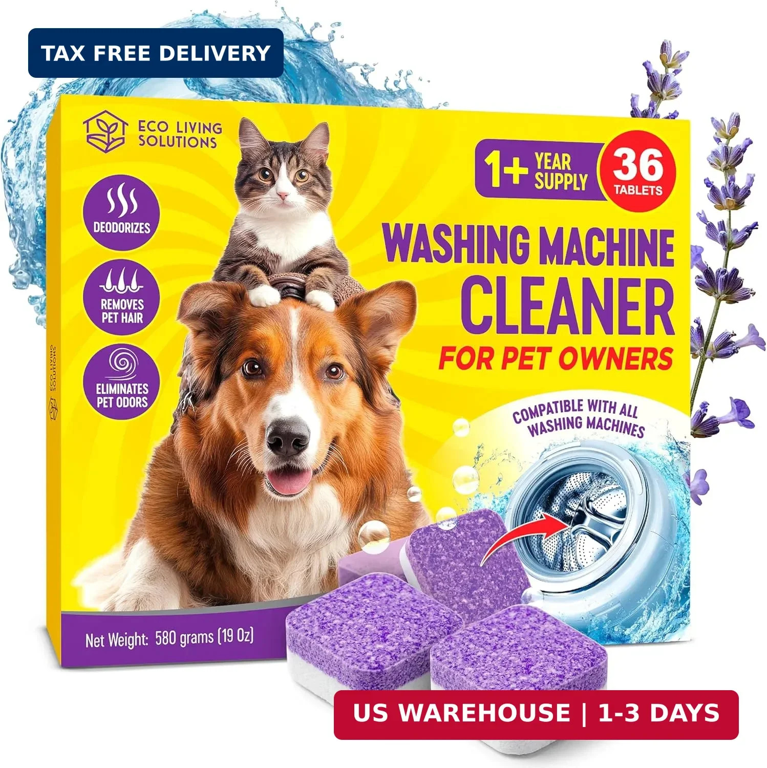 ECO LIVING SOLUTIONS Washing Machine Cleaner Tablets for Pet Owners, 36 Pack, Fr
