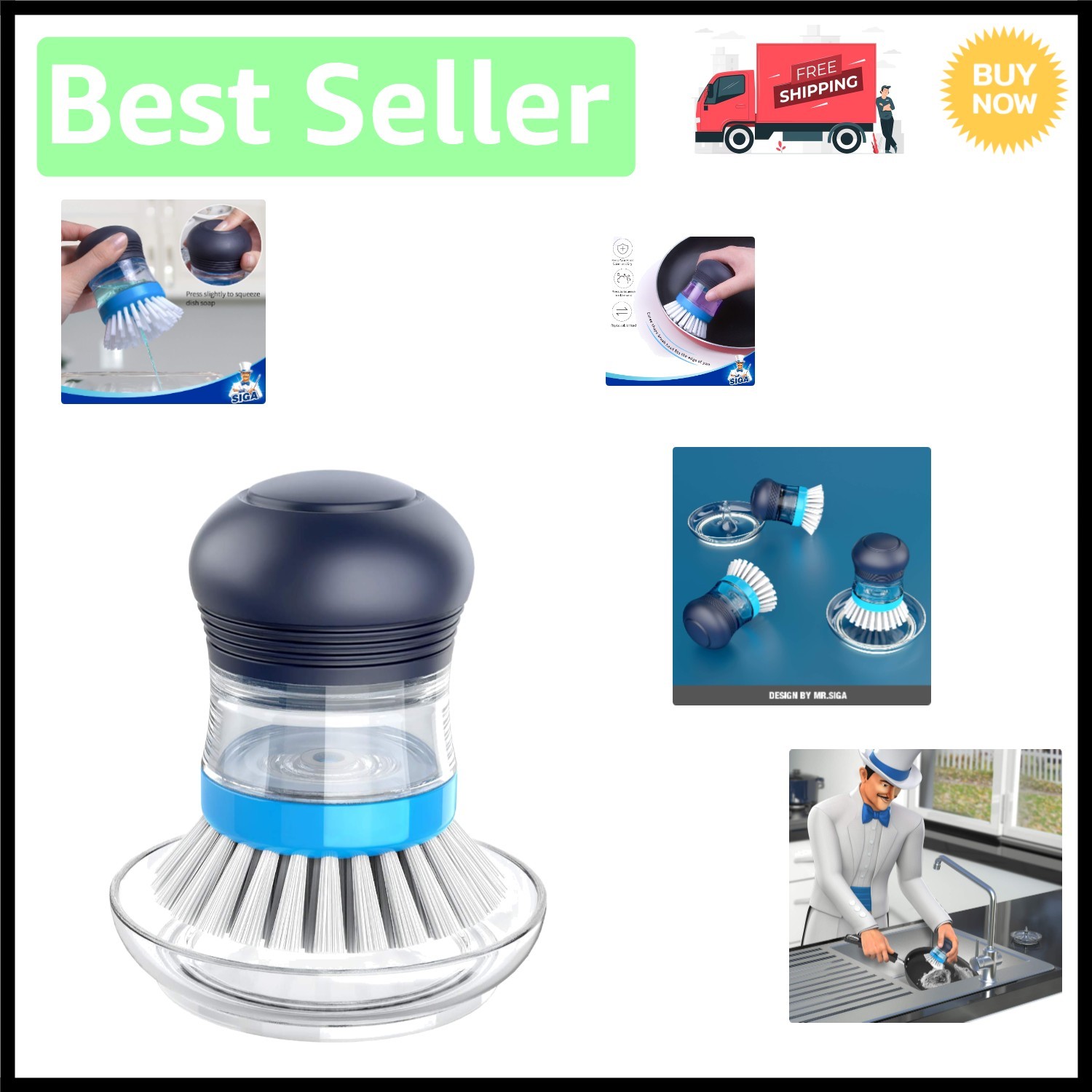Comfortable Grip Soap Dispensing Palm Brush with Holder for Effortless Scrubbing