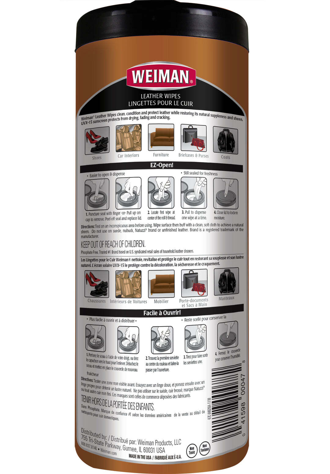 Weiman Leather Cleaner Conditioner Wipes Leather Couches, Car Seats,Shoes 3 in 1