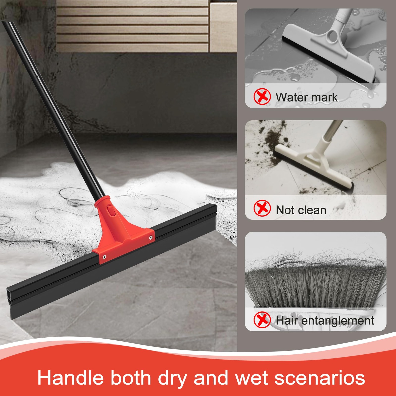 Floor Squeegee with 18” Silicone Rubber Scraper Head and 58” Long Adjustabl…