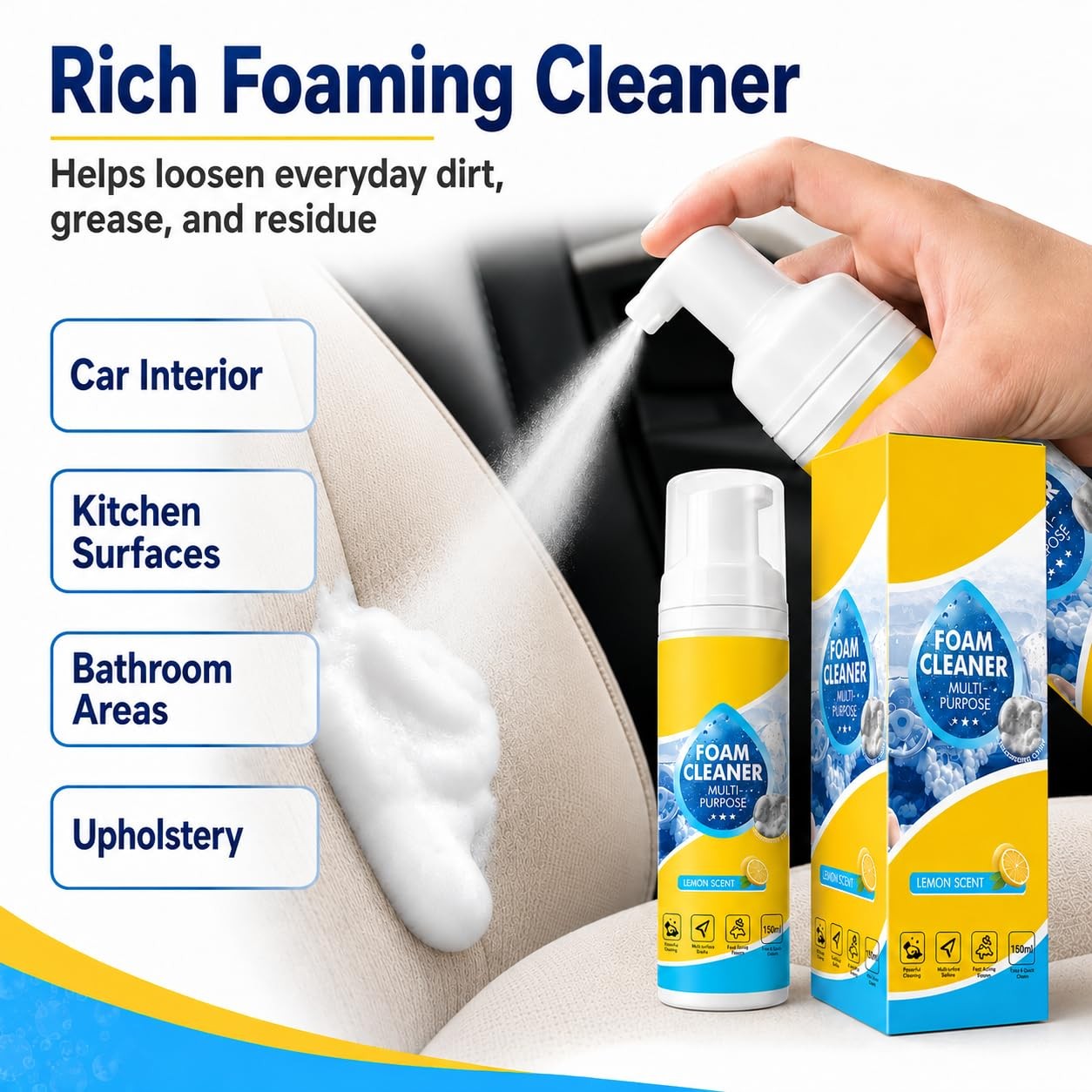 4-in-1 Multi Foam Cleaner 10oz, Multifunctional 10 Fl Oz (Pack of 1), Yellow