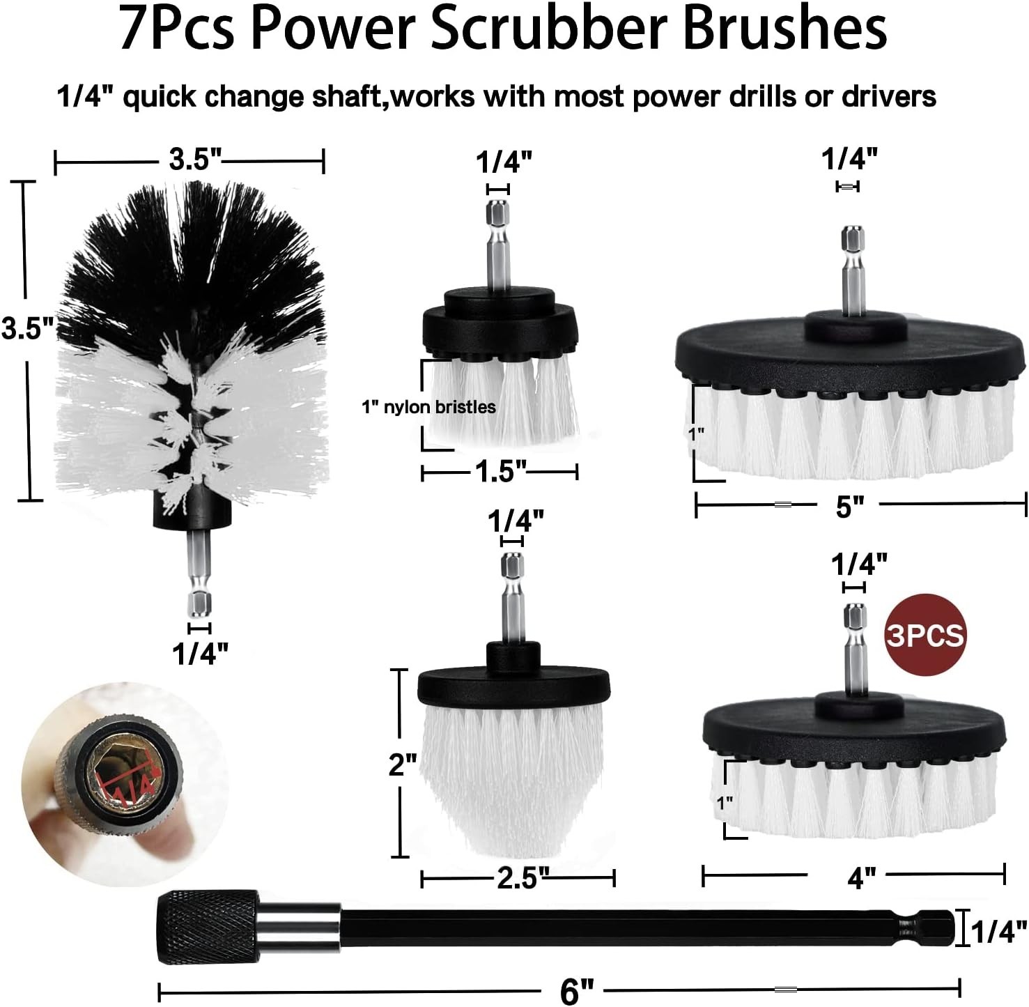 Drill Brush Attachment Set, 7 Pack 1/4In Power Scrubber Brush + Extend Long Atta