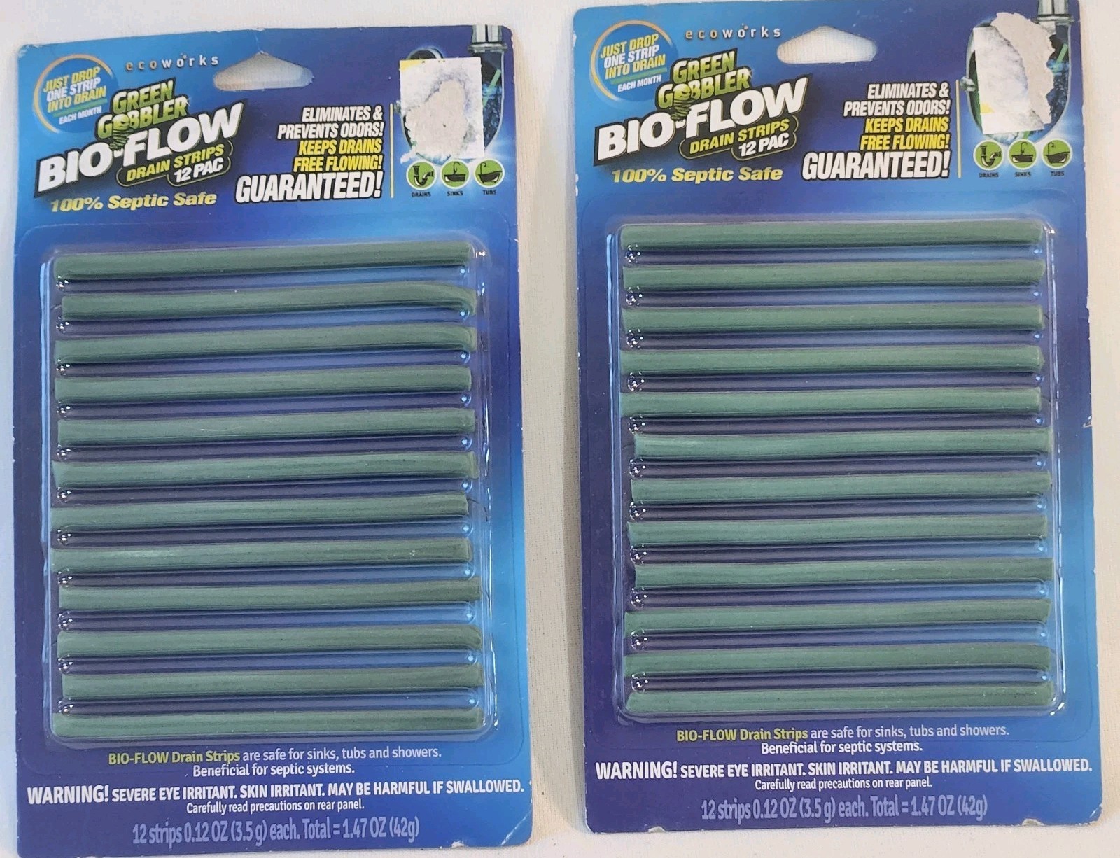 LOT OF 2 Green Gobbler BIO-FLOW Drain Strips Drain Cleaner & Deodorizer