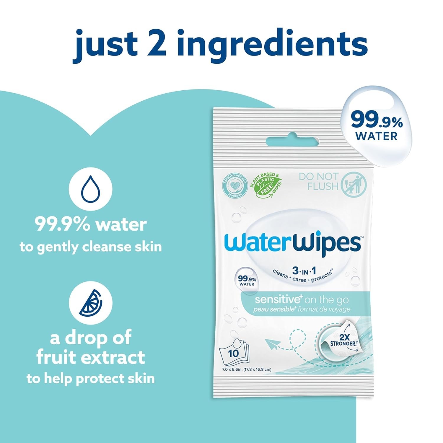 3-in-1 Hypoallergenic Disposable Wipes – 99.9% Water, Travel Size Pack of 10