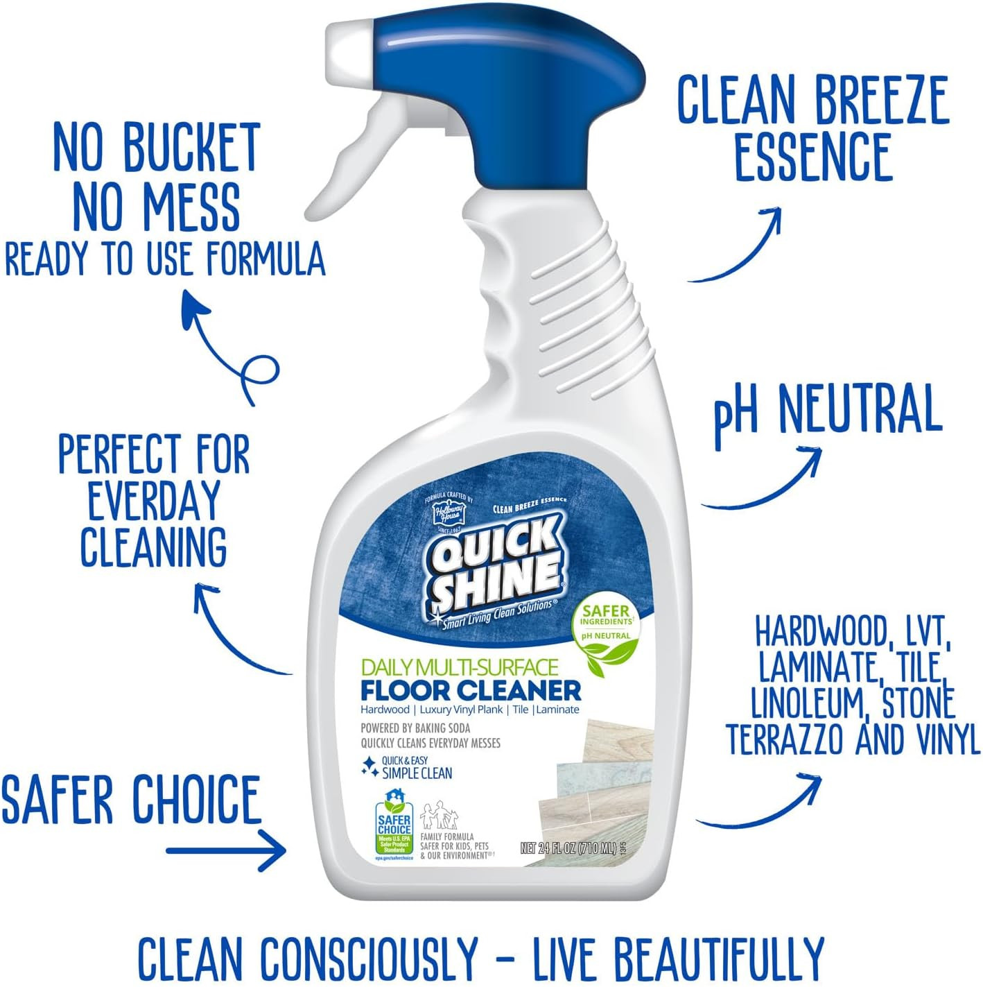 Quick Shine Daily Floor Cleaner 24 Oz Hardwood Vinyl Tile Plant-Based No Rinse