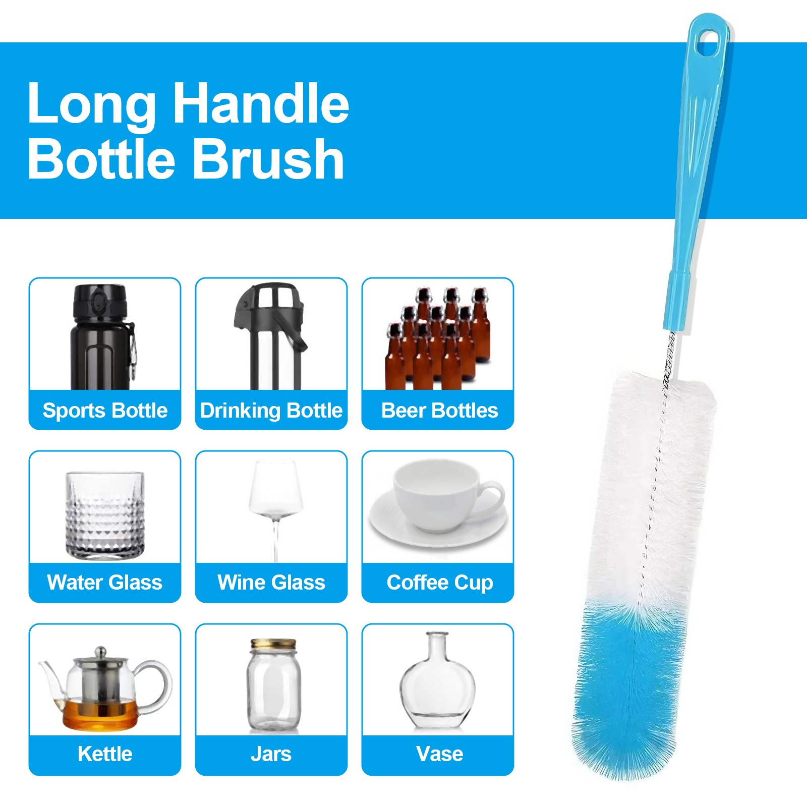 8PCS Long Handle Bottle Brush Set Plastic Cleaner Bottles Straws Cups Blue Green
