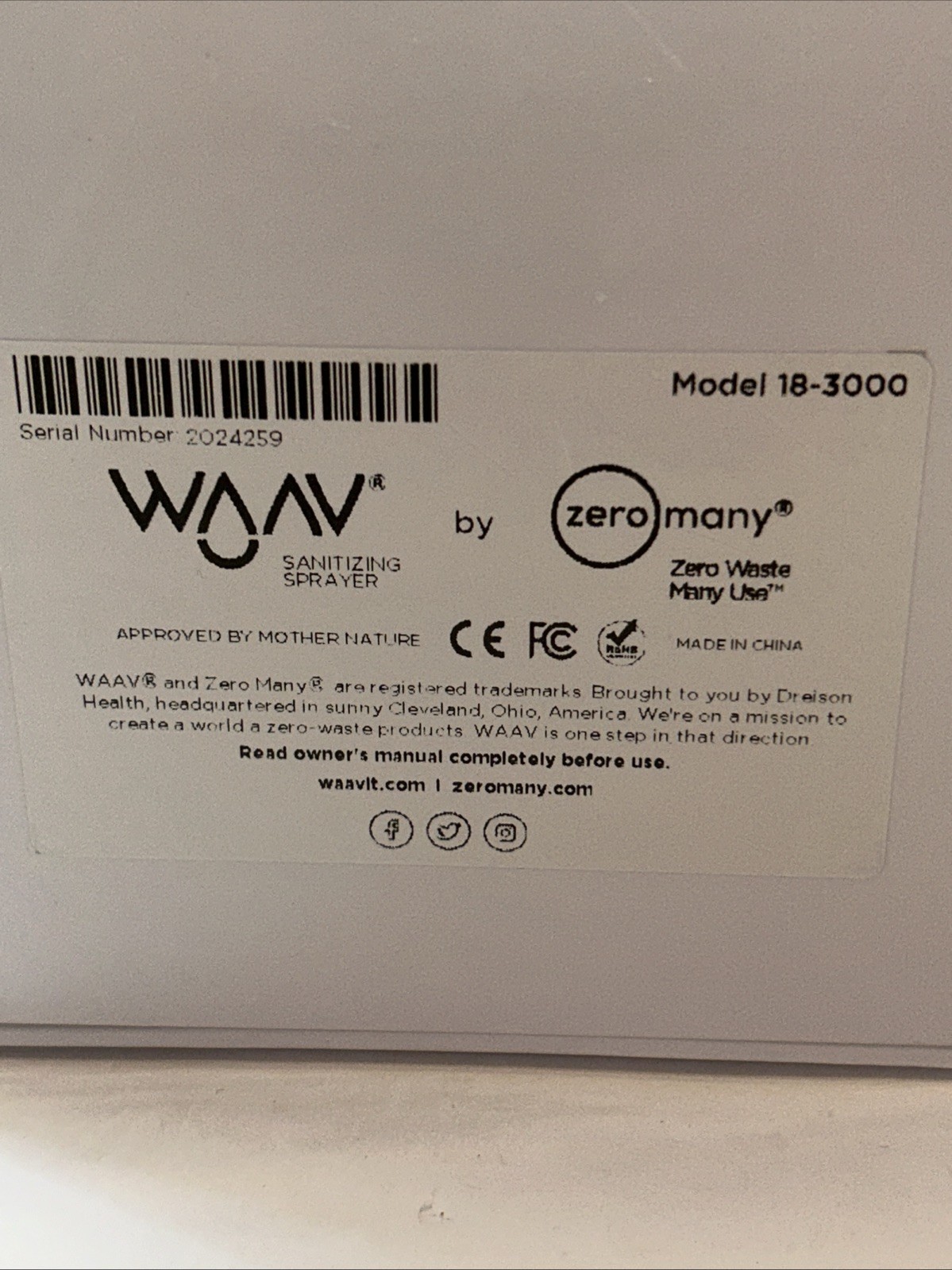 1 WAAV Ozone Water Sanitizing & Disinfecting Sprayer NEW SEALED