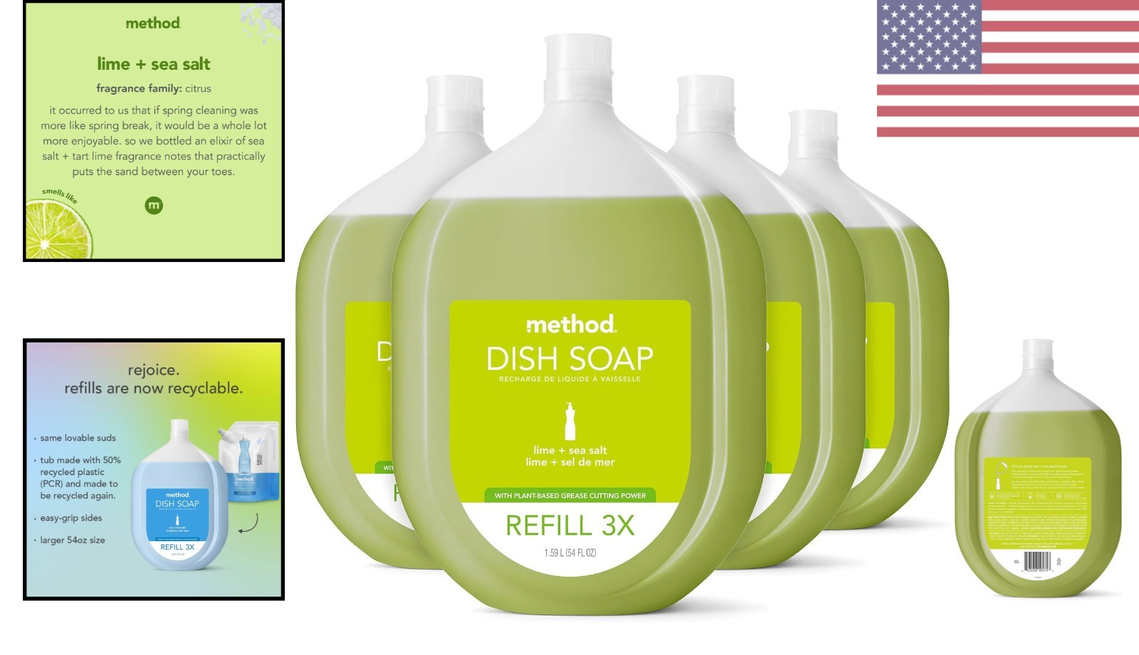 Eco-Friendly Dish Soap Refill Pack of 4, Plant-Based Gel, Powerful Grease Cutter