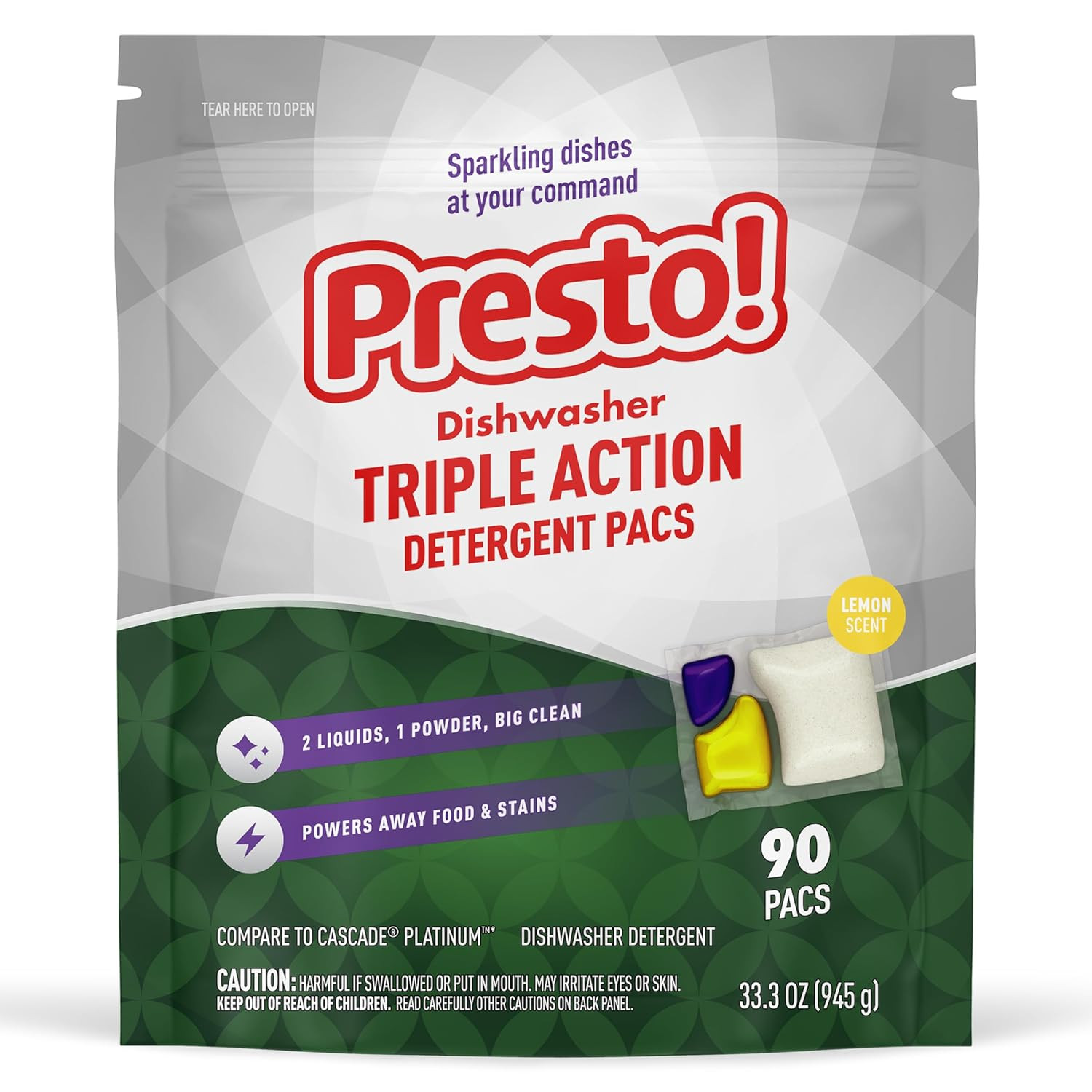 Amazon Brand – Presto! Triple Action Dishwasher Pacs, Lemon Scent, 90 Count