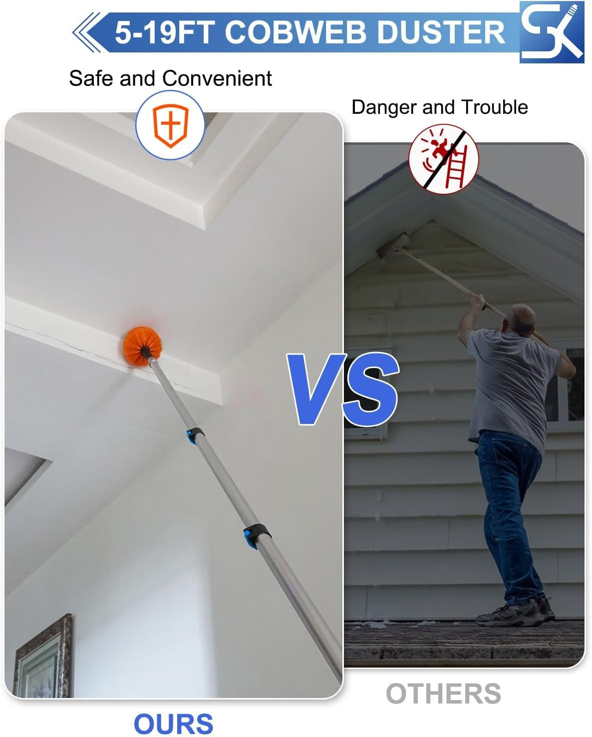 26FT Reach Cobweb Duster, Outdoor Spider Web Cleaner Brush with 5-20FT Telescopi