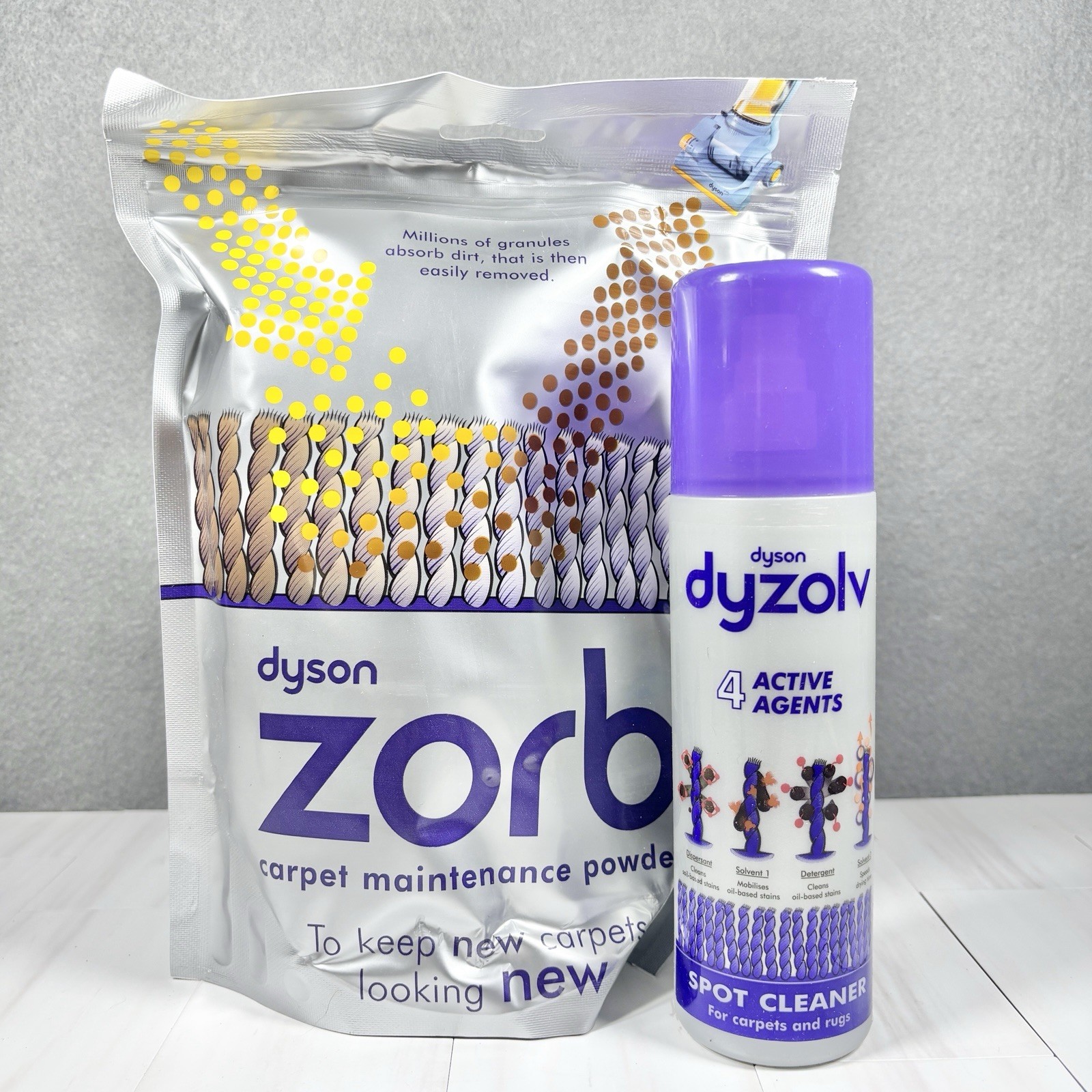 New DYSON Zorb Carpet Powder 26.5 Oz. Dyzolv Spot Cleaner 8.5 Fl Oz Woolsafe Rug