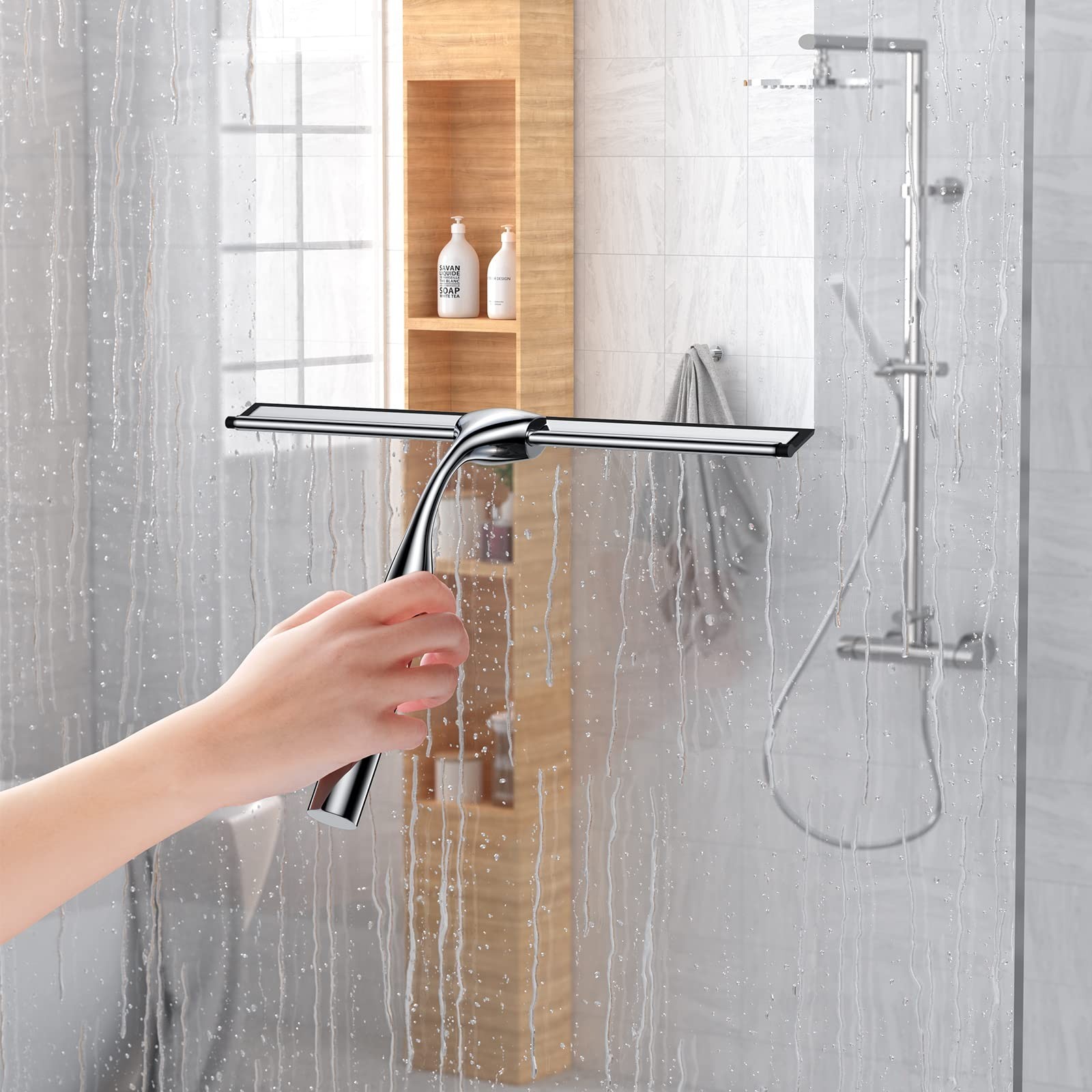 10-Inch Stainless Steel Shower Squeegee with Replacement Blade & Hooks Holder