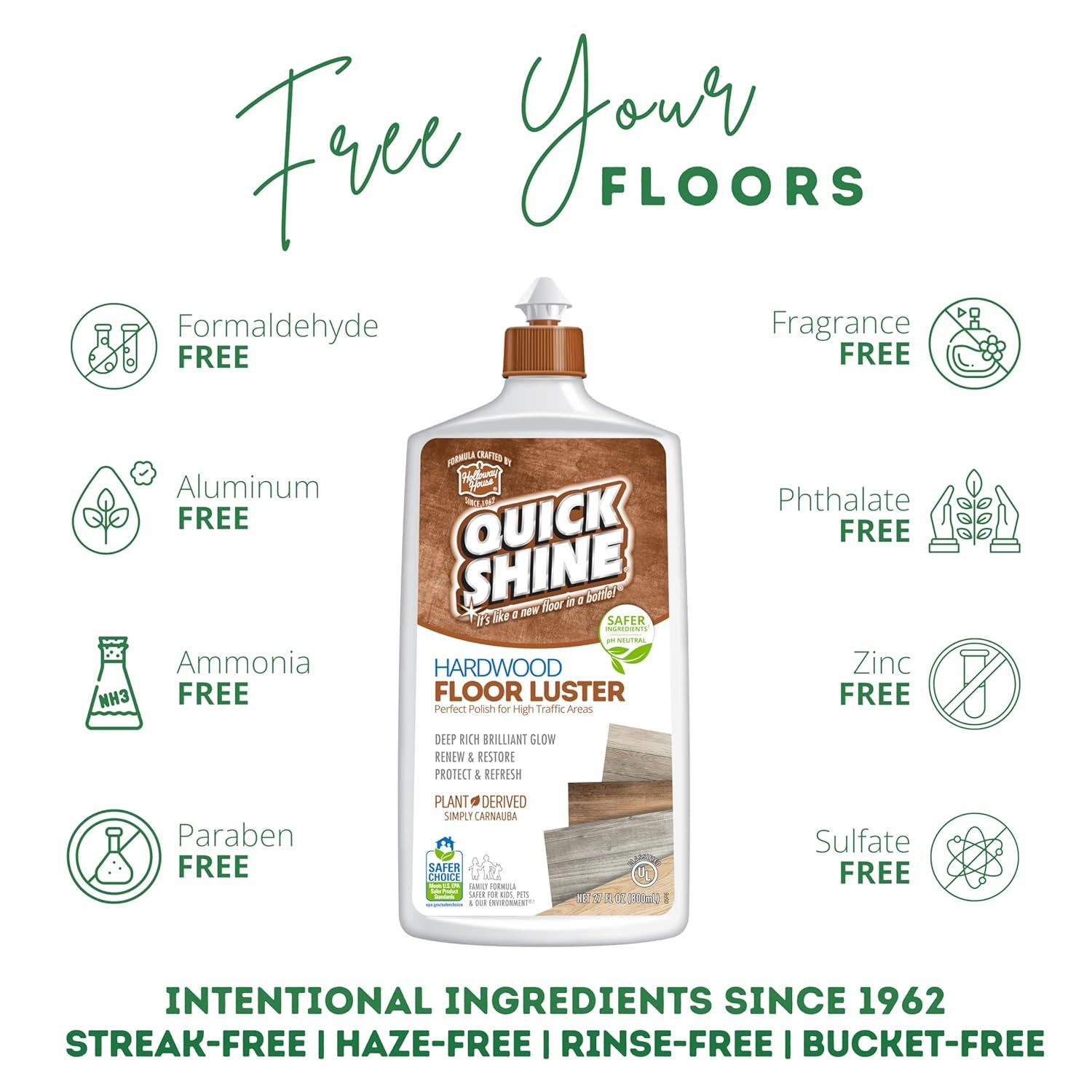 Quick Shine Hardwood Floor Luster-Polish 27oz | Plant-Derived w/Carnauba | Safer