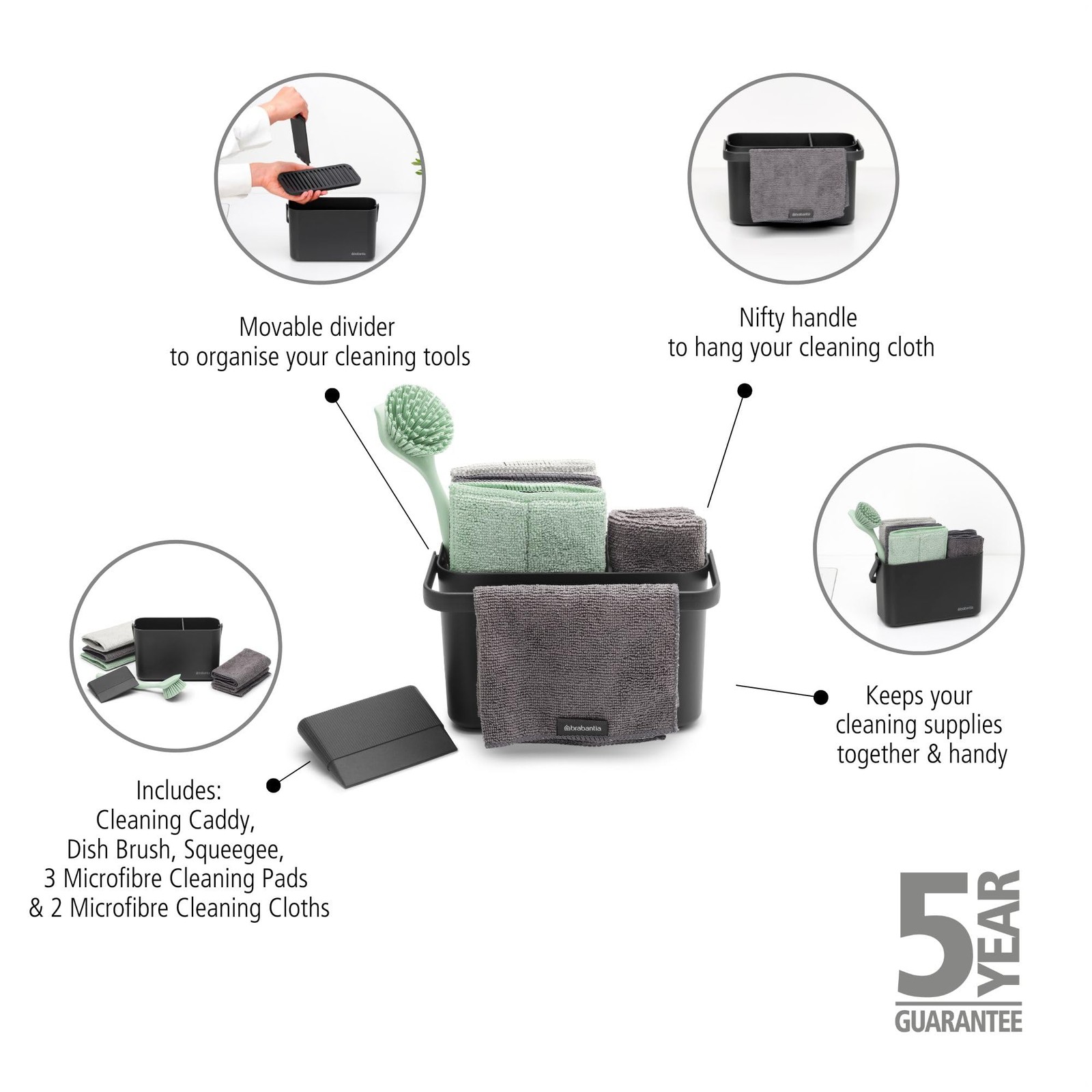 Brabantia SinkSide Cleaning Set of 8 – Dark Gray | Cleaning Caddy with Handle…