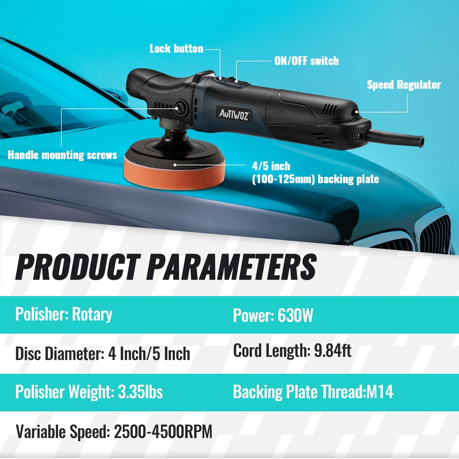 “45 Inch Rotary Car Polisher Buffer with 6 Speed for Detailing & Waxing”