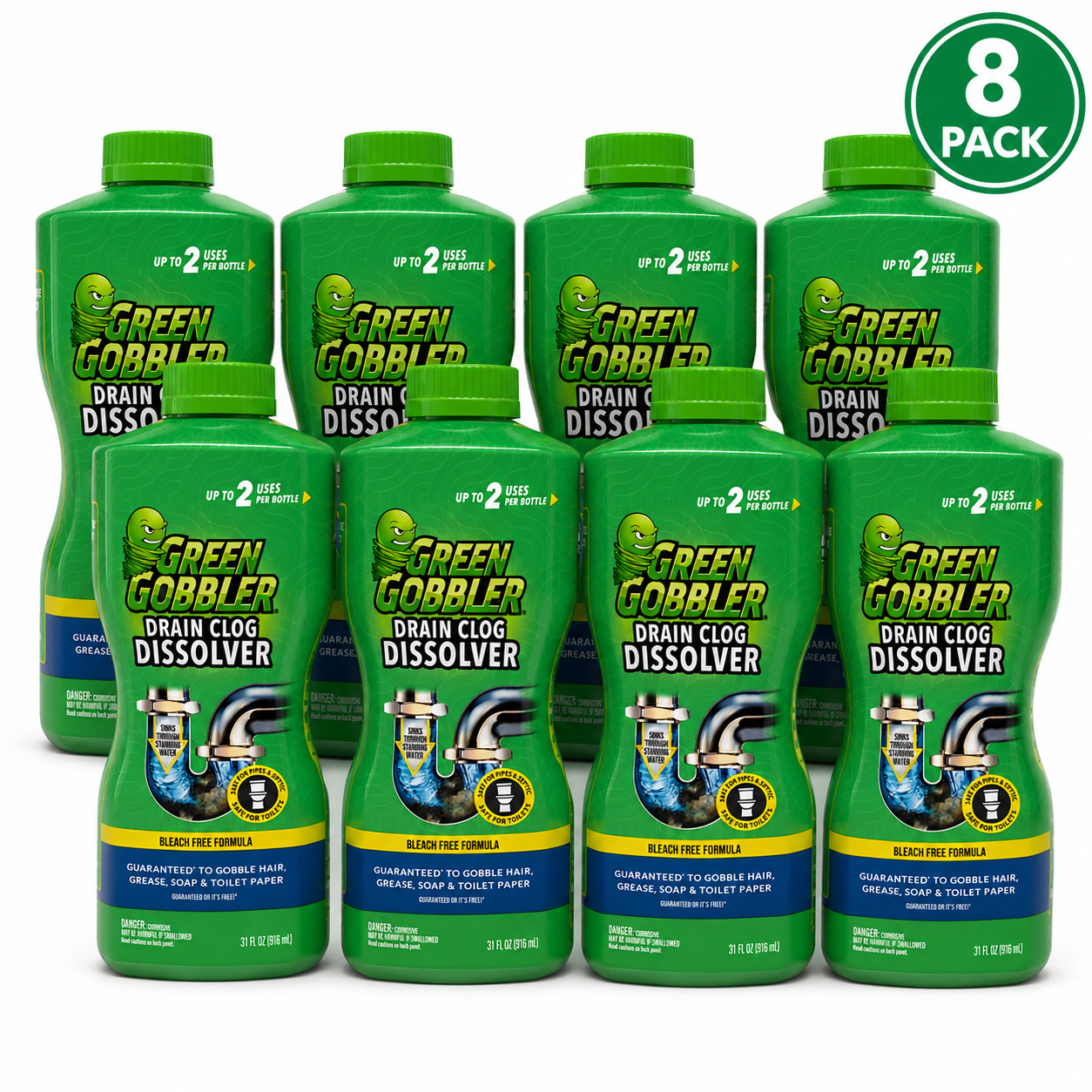 Green Gobbler Drain Clog Dissolver Bleach Free Formula Hair Grease Soap 8 Pack