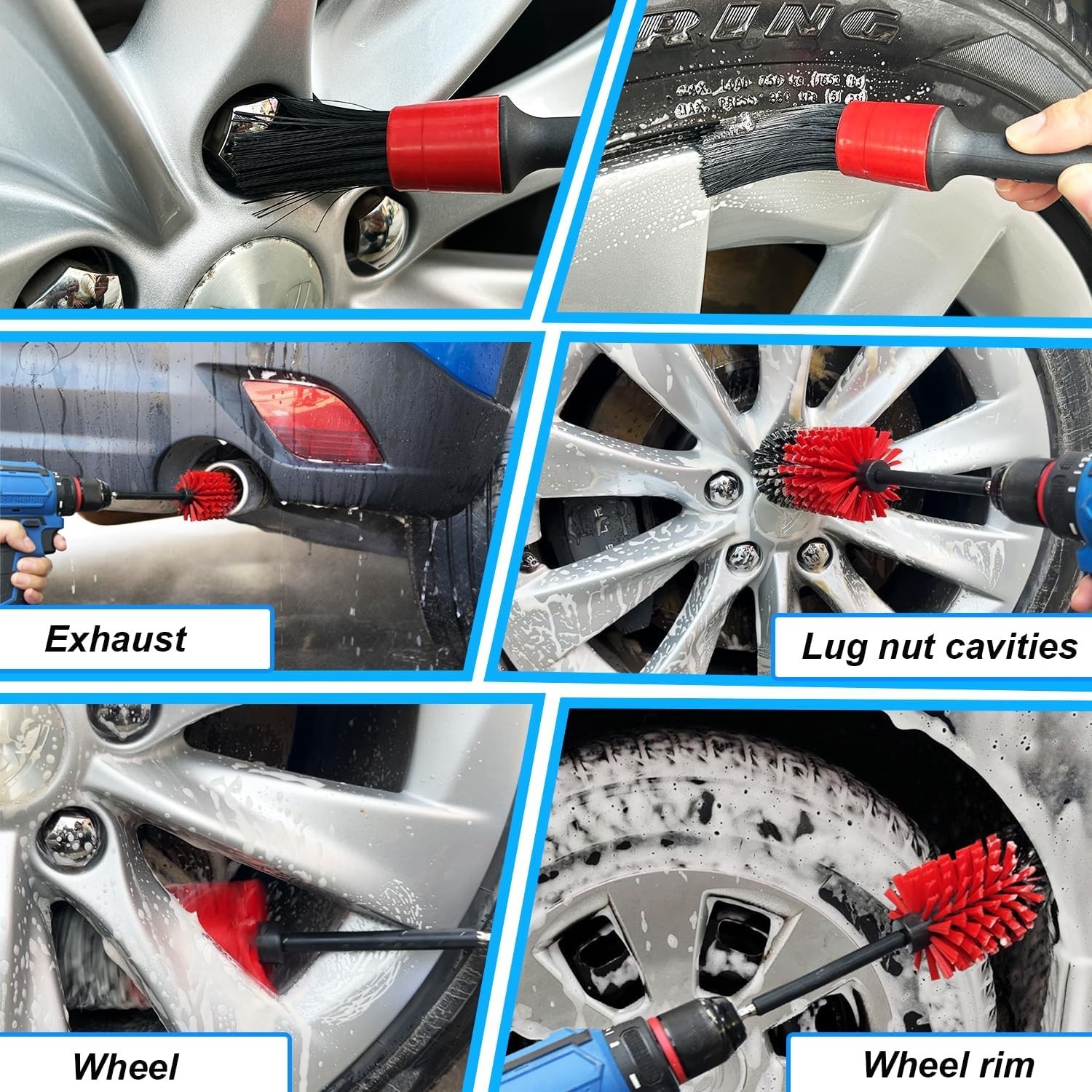 Wheel Brush Kit Soft Nylon Drill Wheel Cleaner Brush Set for Cars Rims Engines