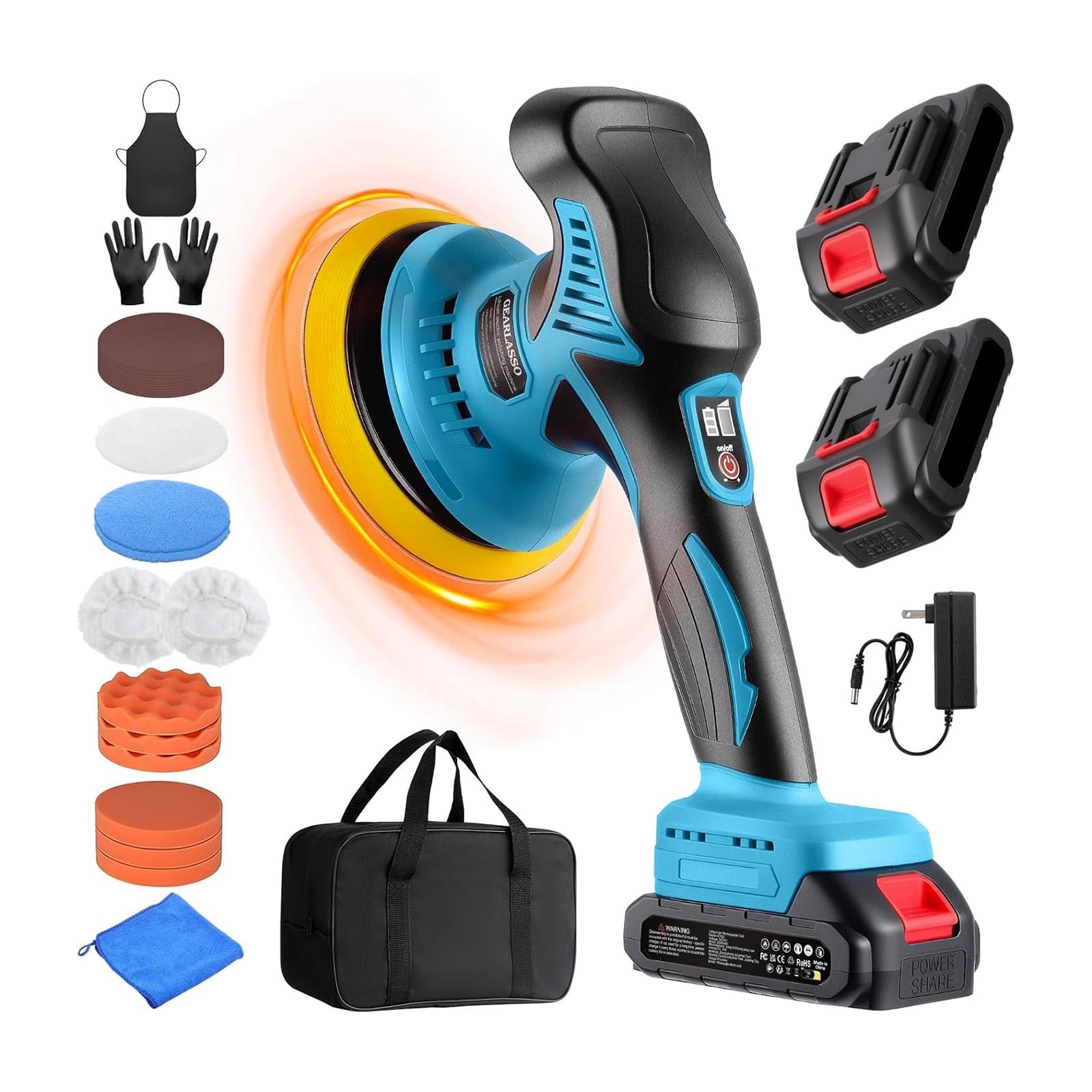 Cordless Car Buffer Polisher with 2 Batteries, 8 Speeds & 17Piece Kit