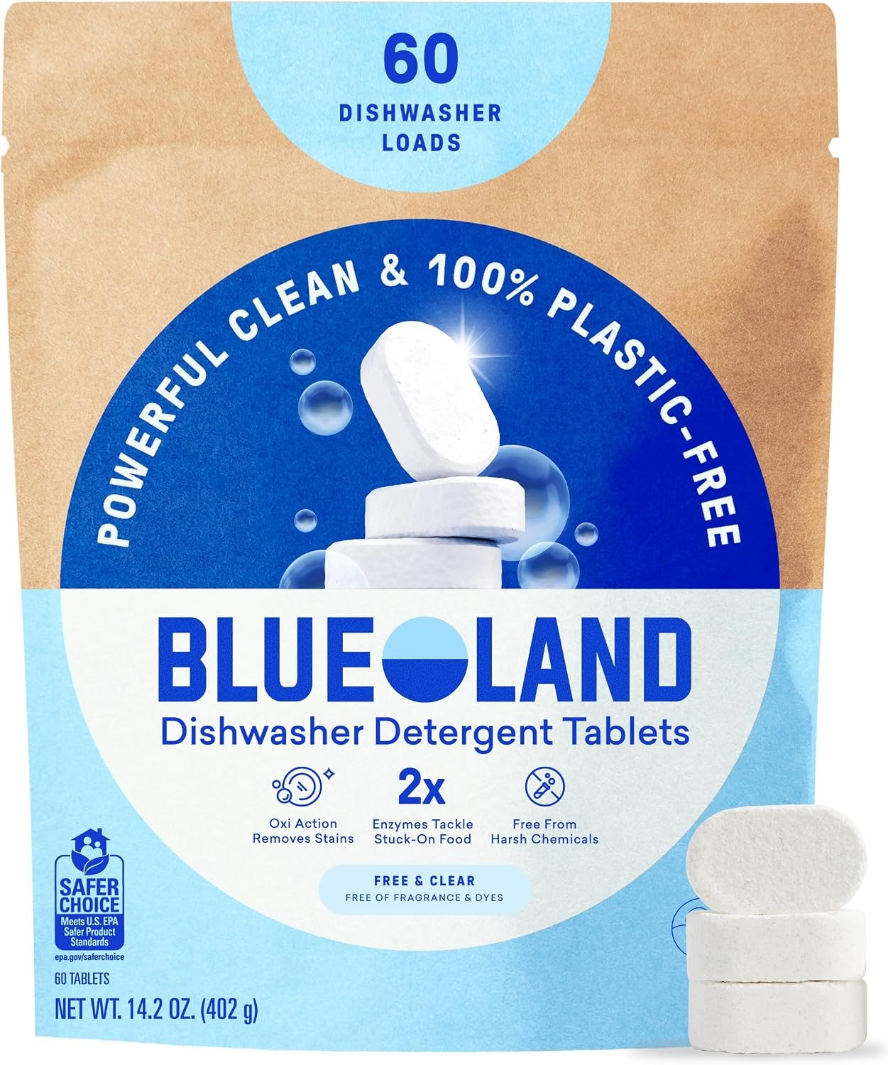100 Plastic-Free Dishwasher Detergent Tablets 60 Count Free & Clear Eco-Friendly