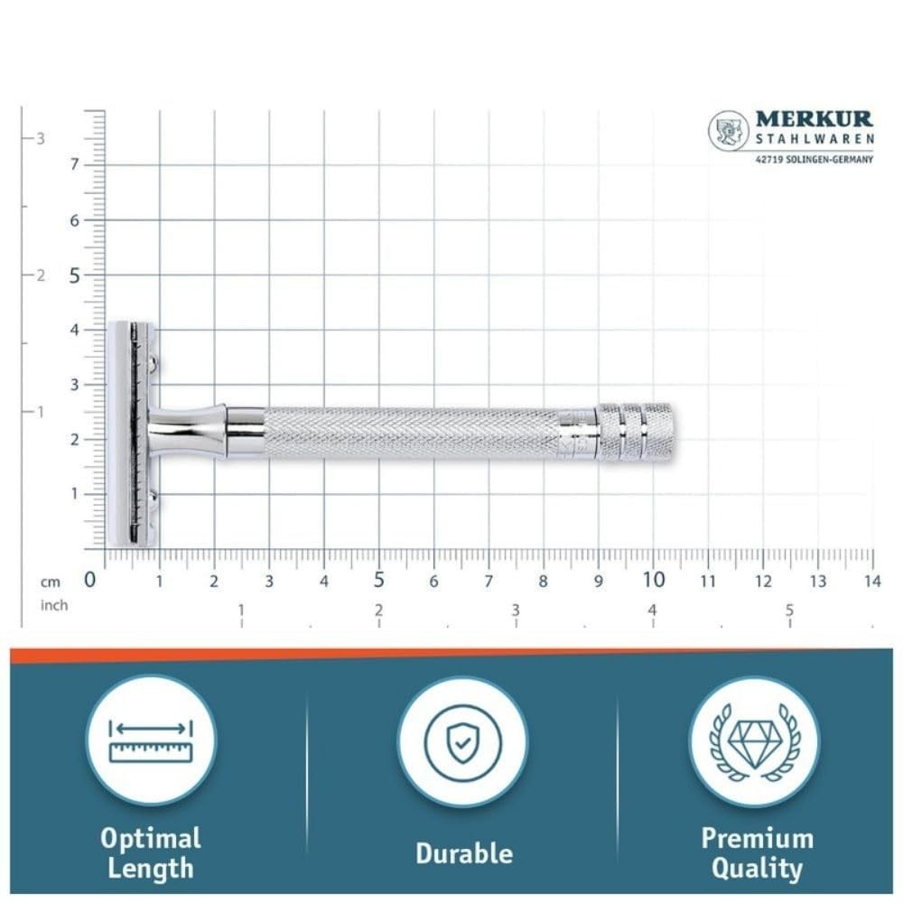 MERKUR 23C Double Edge Safety Razor – Polished Chrome, Long Knurled Brass Hand